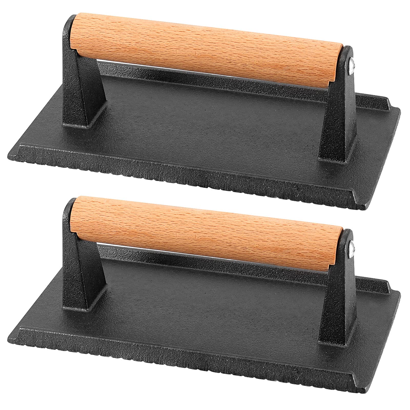 2 Pack 8 x 4 Inch Cast Iron Grill Press - Heavy Duty Steak Weight for Burgers, Bacon & Panini - Wooden Handle Griddle Press for Even Cooking - Perfect for BBQ, Grilling & Sandwich Making