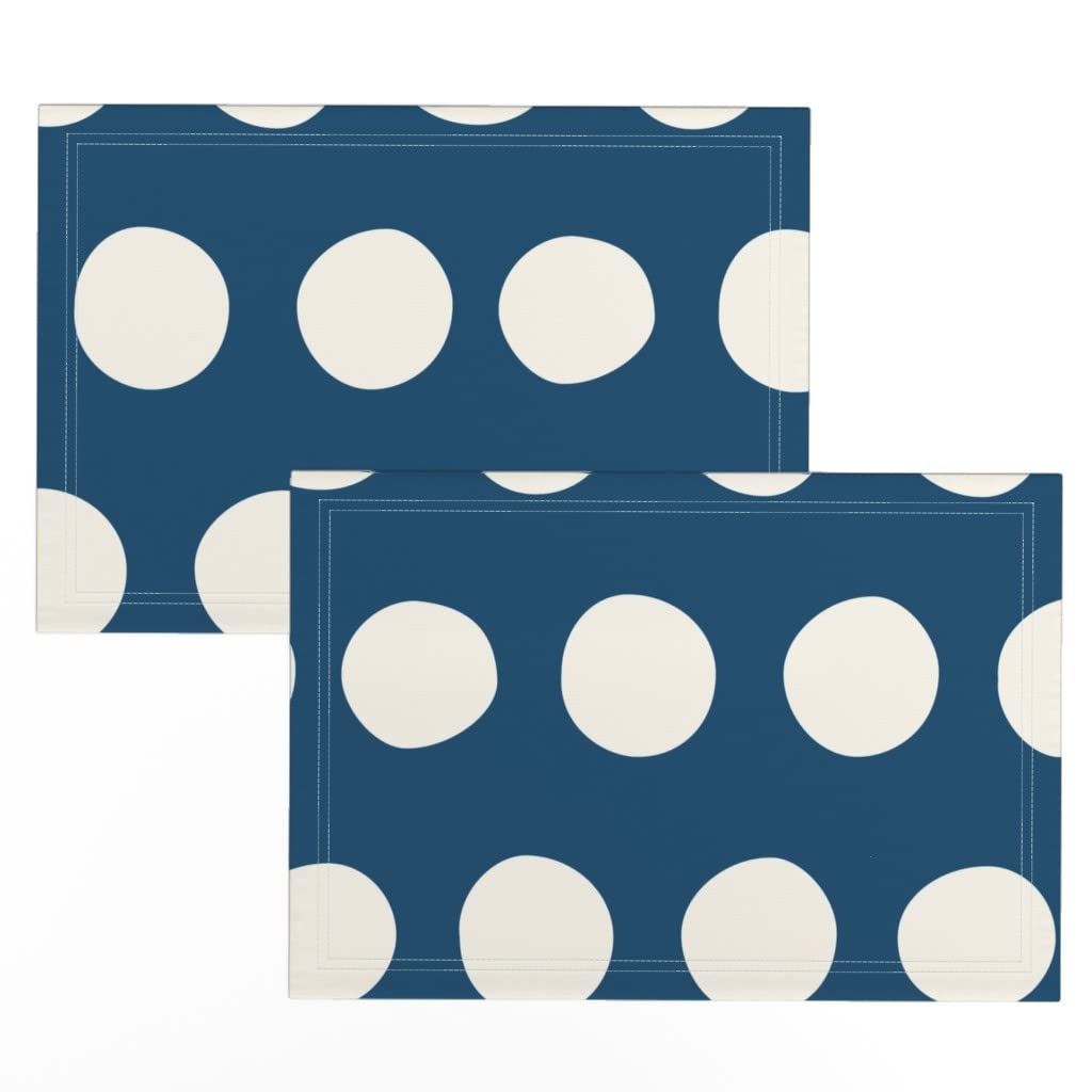 Spoonflower Linen Cotton Canvas Placemats Set of 2 - Navy Blue Polka Dot Printed Table Mats for Dining, Kitchen Decor, and Party Table Setting
