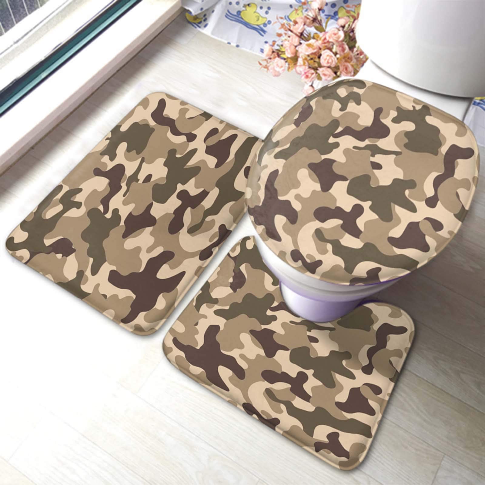 HOSNYE Camouflage Bath Mat Set - Woodland Style Brown Camo & Desert Beige 3-Piece Non-Slip Bathroom Rug with Toilet Lid Cover - Perfect for Hunting Cabins, Rustic Bathrooms & Outdoor Enthusiasts