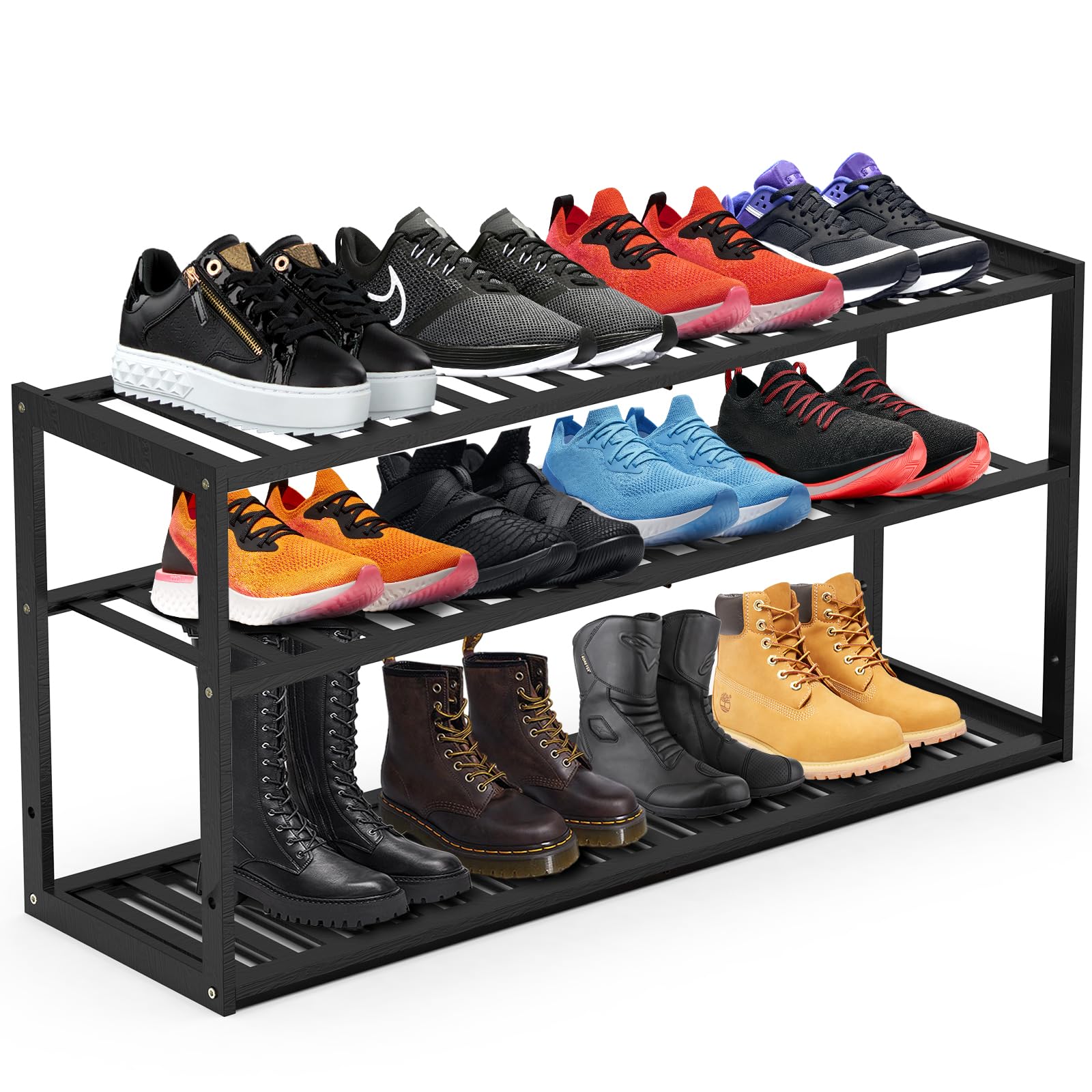 3-Tier Stackable Bamboo Shoe Rack Organizer - Holds 12-15 Pairs of Shoes for Closet, Entryway, Hallway, Bedroom & Garage - Space Saving Foldable Shoe Shelf (Black) - Perfect for Small Spaces & Shoe Storage Organization