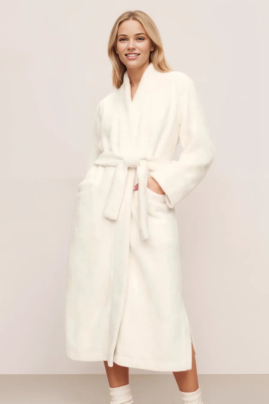 Soft Ivory Plush Long Robe for Women - Cozy Fleece Bathrobe with Pockets - Perfect for Spa, Lounging & Winter Warmth