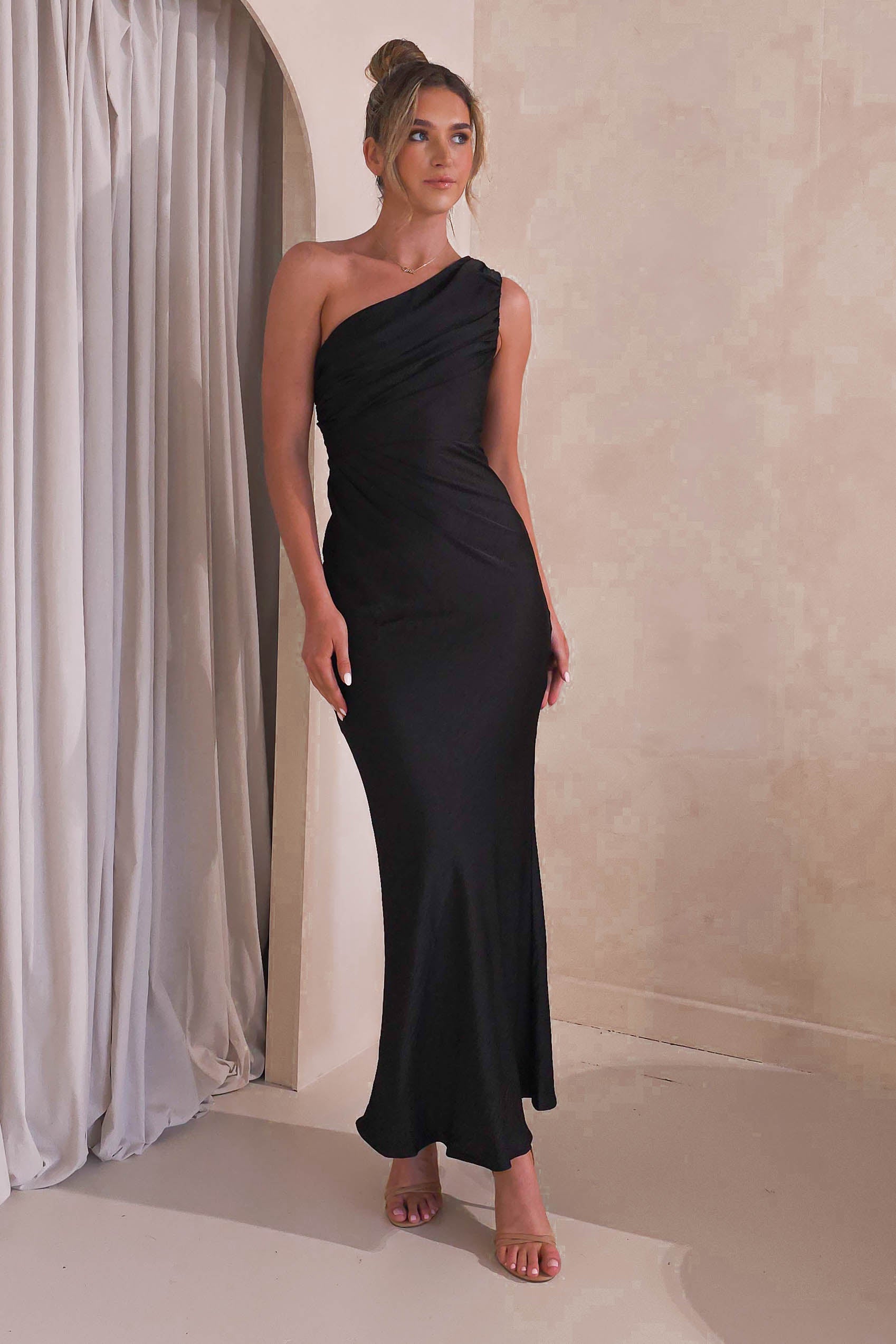 Ansel One Shoulder Maxi Dress for Women - Elegant Black Long Evening Gown | Perfect for Weddings, Parties & Special Occasions
