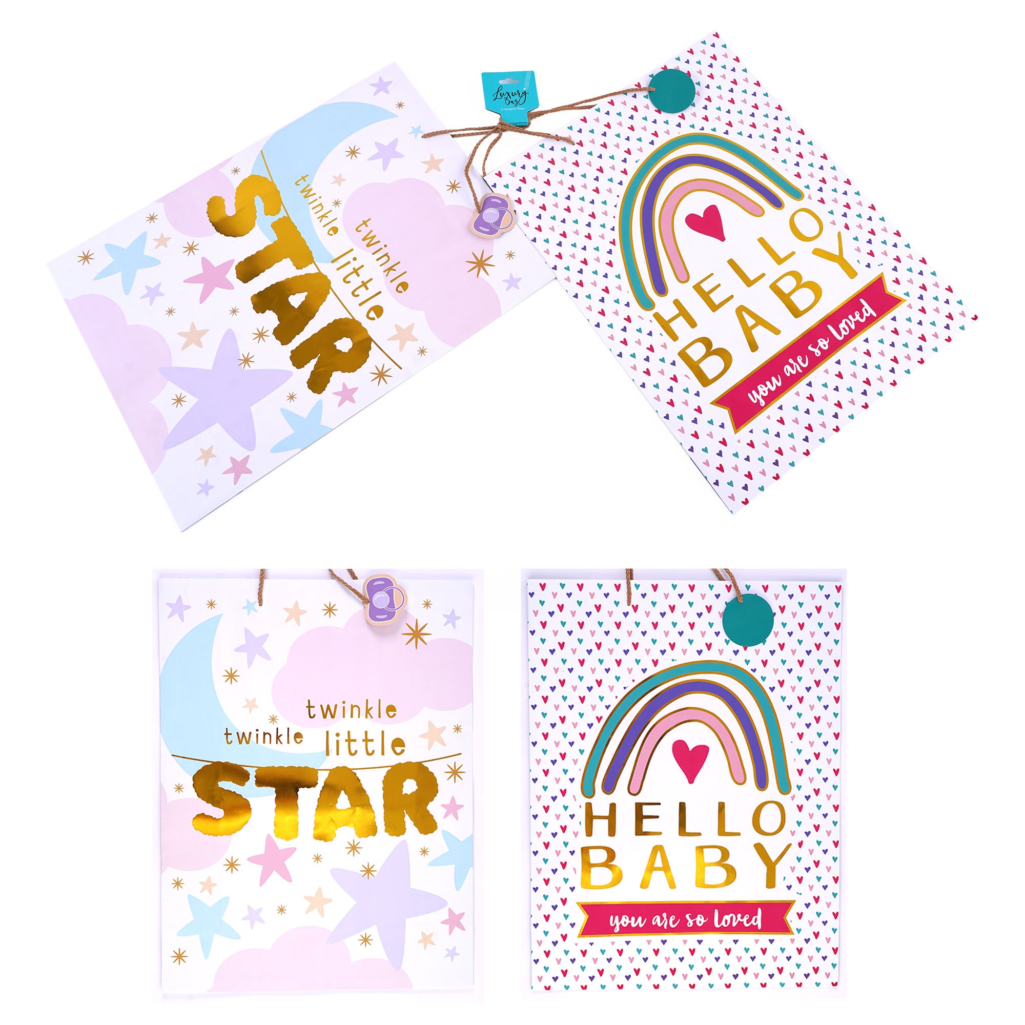 2-Pack Super Hello Baby Gift Bags - 2 Adorable Designs for Baby Showers, Newborn Gifts & Birthday Parties