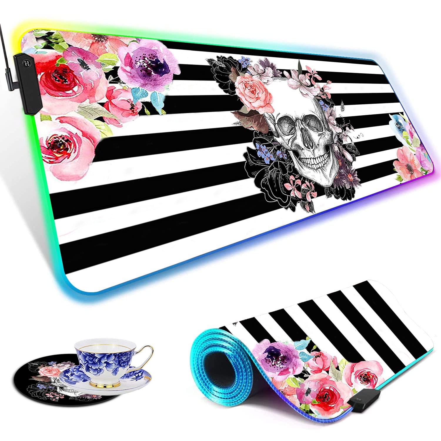 RGB Gaming Mouse Pad - Large LED Light-Up Desk Mat with Non-Slip Waterproof Surface, Pink Floral Sugar Skull Design - Perfect for PC Gaming, Office Work & Streaming Setup