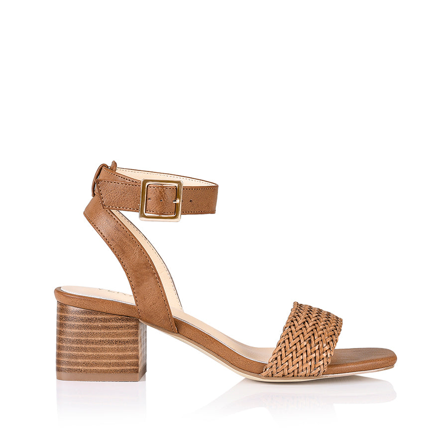 Elly Women's Block Heel Sandals - Comfortable Tan Woven Summer Shoes for Beach, Wedding & Casual Outfits