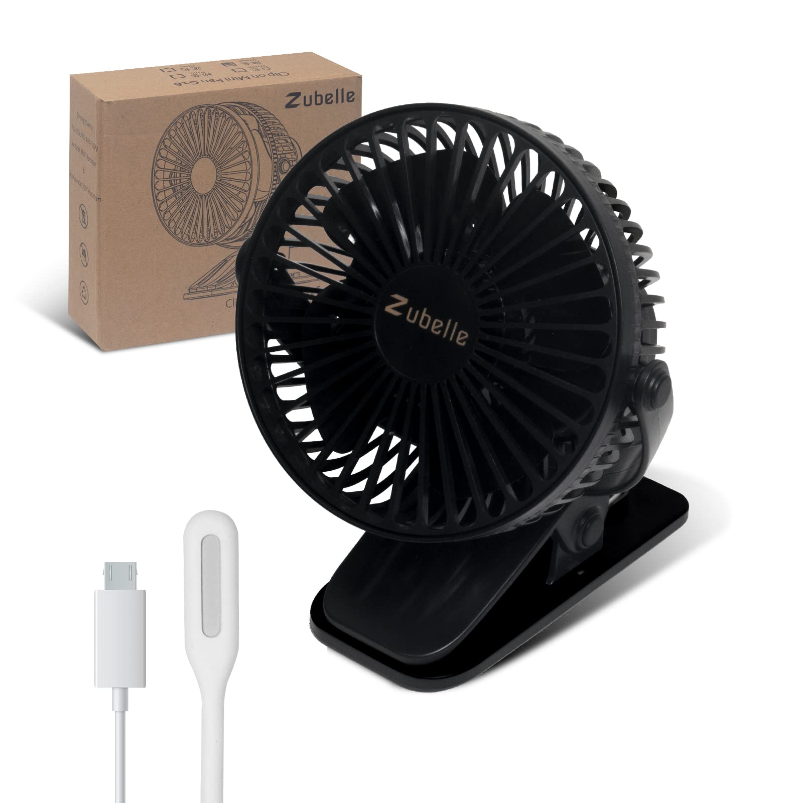 Rechargeable Battery Operated Clip Fan with USB LED Light - Portable Desk Fan for Office, Home, Laptop, Camping & Travel - Black