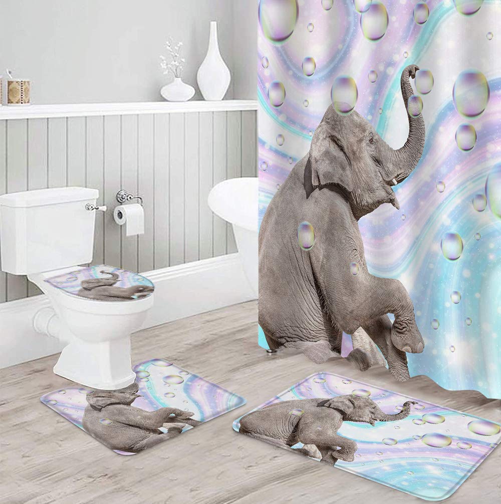4-Piece Funny Elephant Shower Curtain Set with Non-Slip Rug, Toilet Cover & Bath Mat - Waterproof Elephant Blowing Bubbles Bathroom Decor with 12 Hooks - Perfect for Kids' Bathrooms, Nursery Decor & Themed Bathroom Accessories