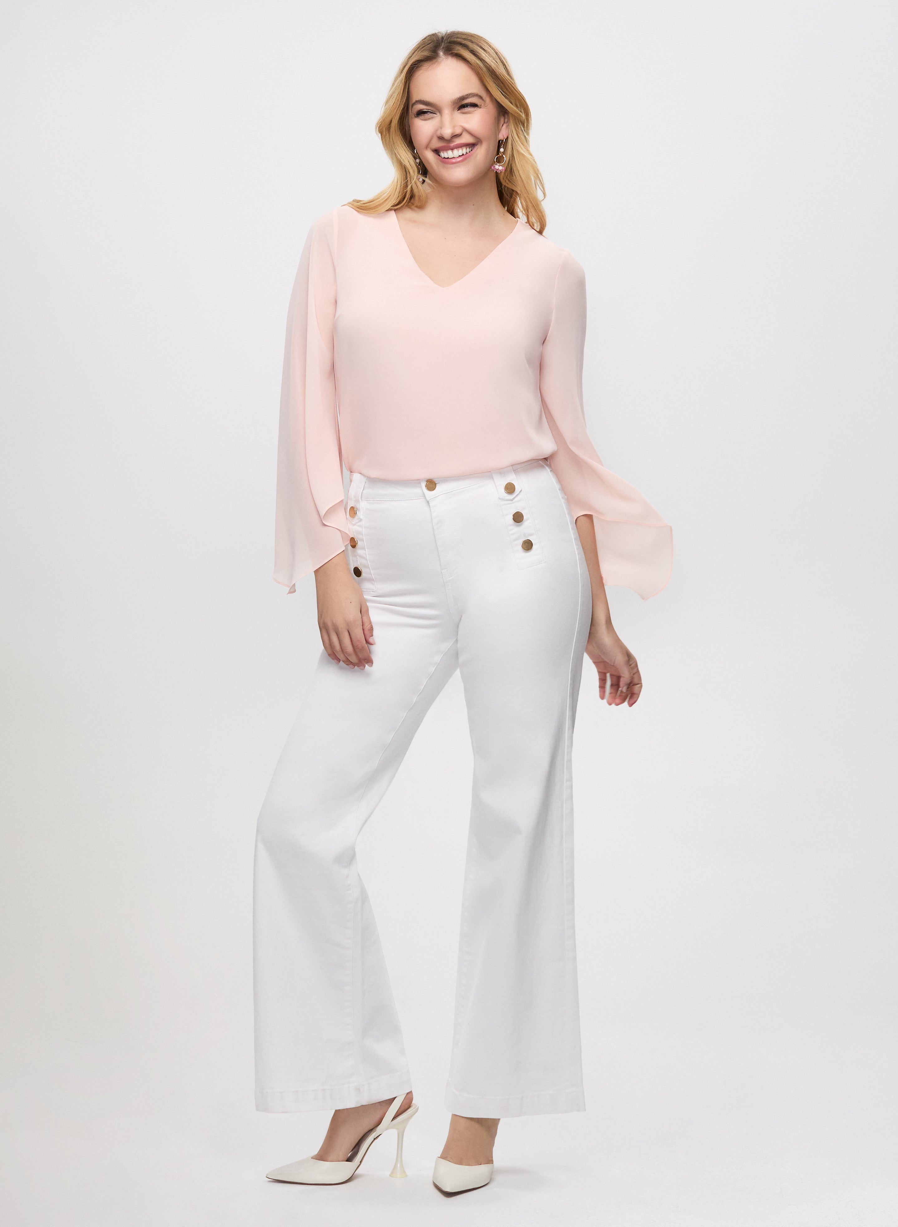 Flared Sleeve Chiffon Blouse with Button Detail & Wide Leg Jeans Set for Women - Elegant Office Wear and Casual Outfit for Spring Summer Fashion