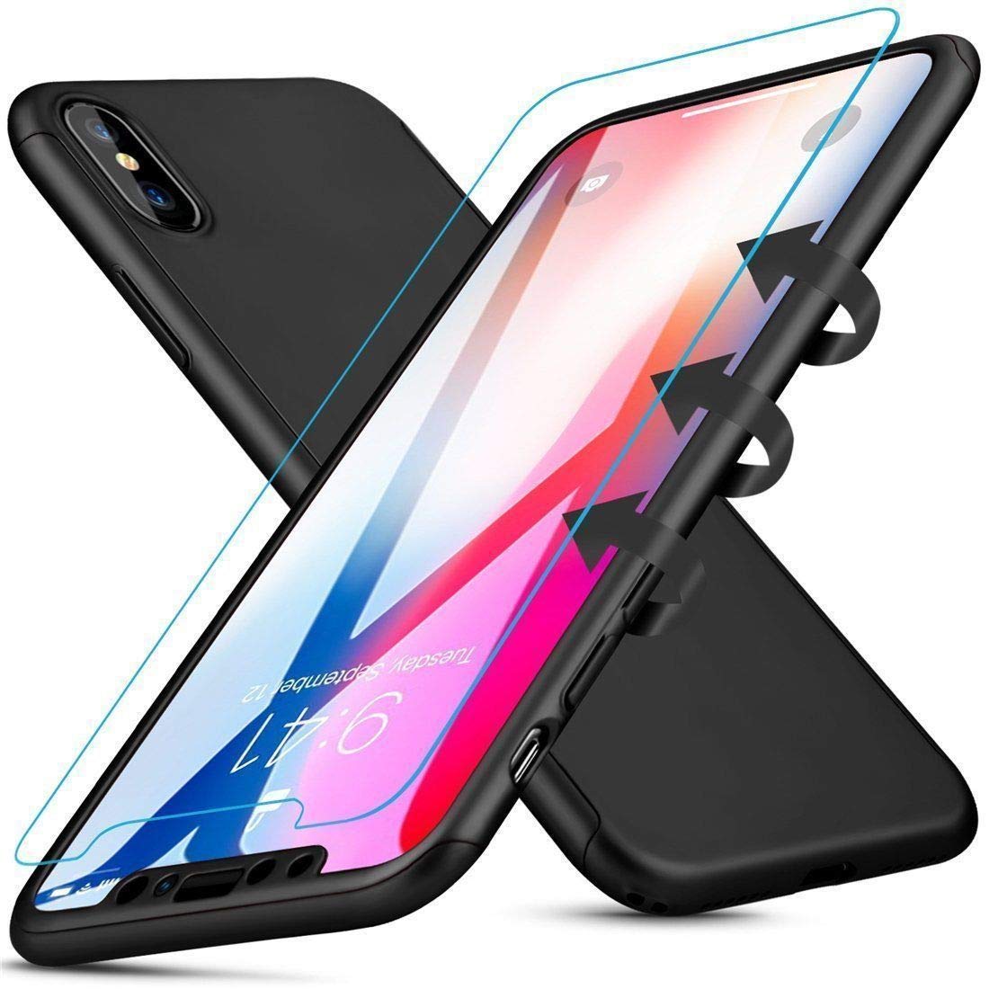 FastSun iPhone Xs Full Body Protective Case - 360° Shockproof Ultra Thin Cover with Tempered Glass Screen Protector (Black) | Slim Durable Protection for Everyday Use, Travel & Outdoor Activities