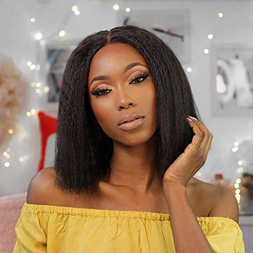 Kinky Straight Bob Human Hair Wigs - Brazilian Virgin Yaki Lace Front Wig for Women | 13x4 Short Bob Wig with Baby Hair | 150% Density (14 Inch) - Perfect for Daily Wear, Parties & Special Occasions