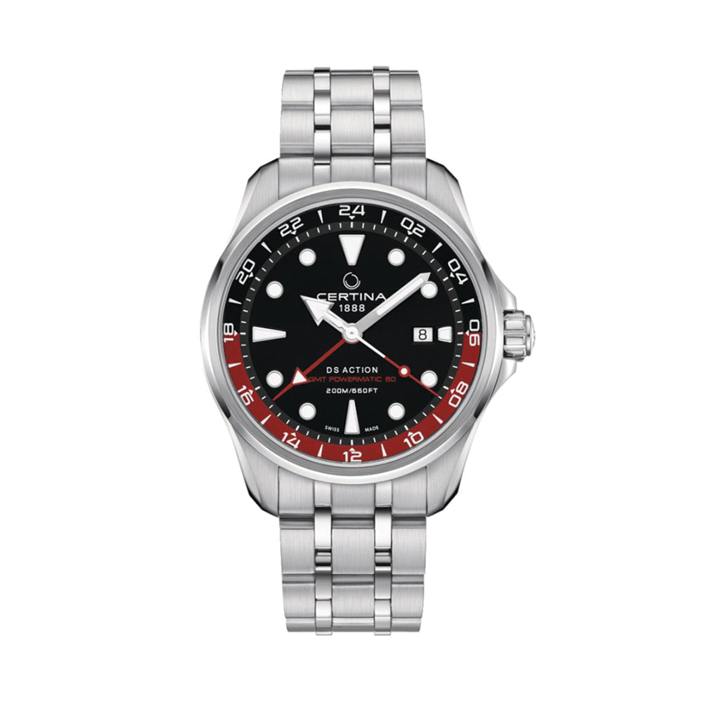 DS Action GMT 43mm Men's Automatic Watch - Black & Red Stainless Steel Bracelet - Waterproof Diver's Watch for Travel, Business & Outdoor Adventures