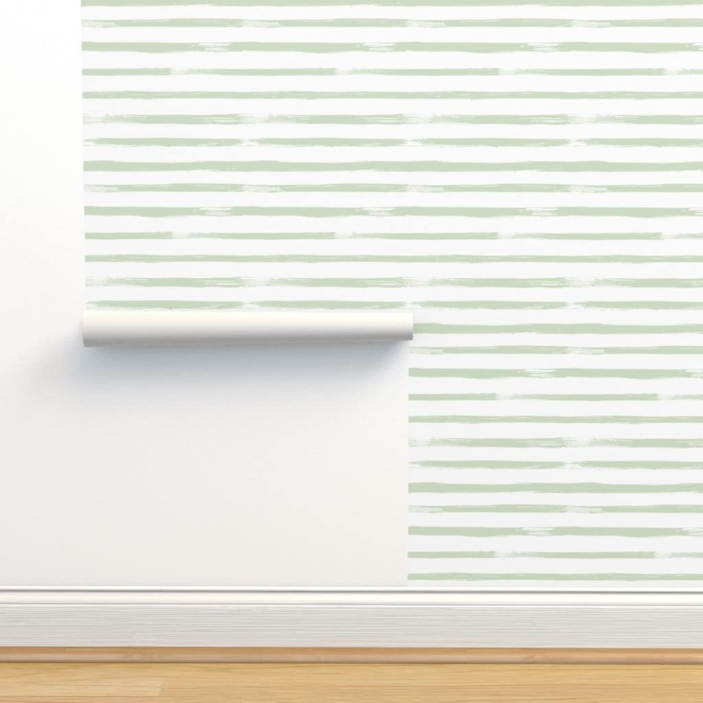 12ft x 2ft Removable Sage White Stripes Wallpaper - Modern Gender Neutral Nursery Decor | Pre-Pasted Peel & Stick Wall Covering for Bedrooms, Living Rooms & Home Offices by Spoonflower