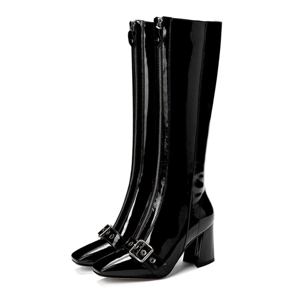 Women's Knee High Cow Patent Leather Boots - Punk Zipper Party Shoes for Autumn & Winter - Warm Long Boots for Casual, Night Out & Office Wear