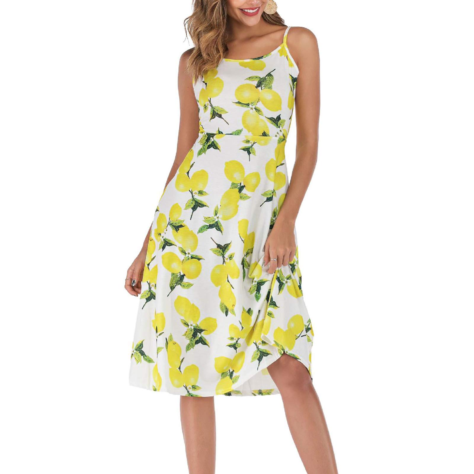 Women's Lemon Print Sleeveless Strappy Casual O-Neck Summer Dress - Lightweight Breathable Sundress for Beach, Vacation & Outdoor Activities