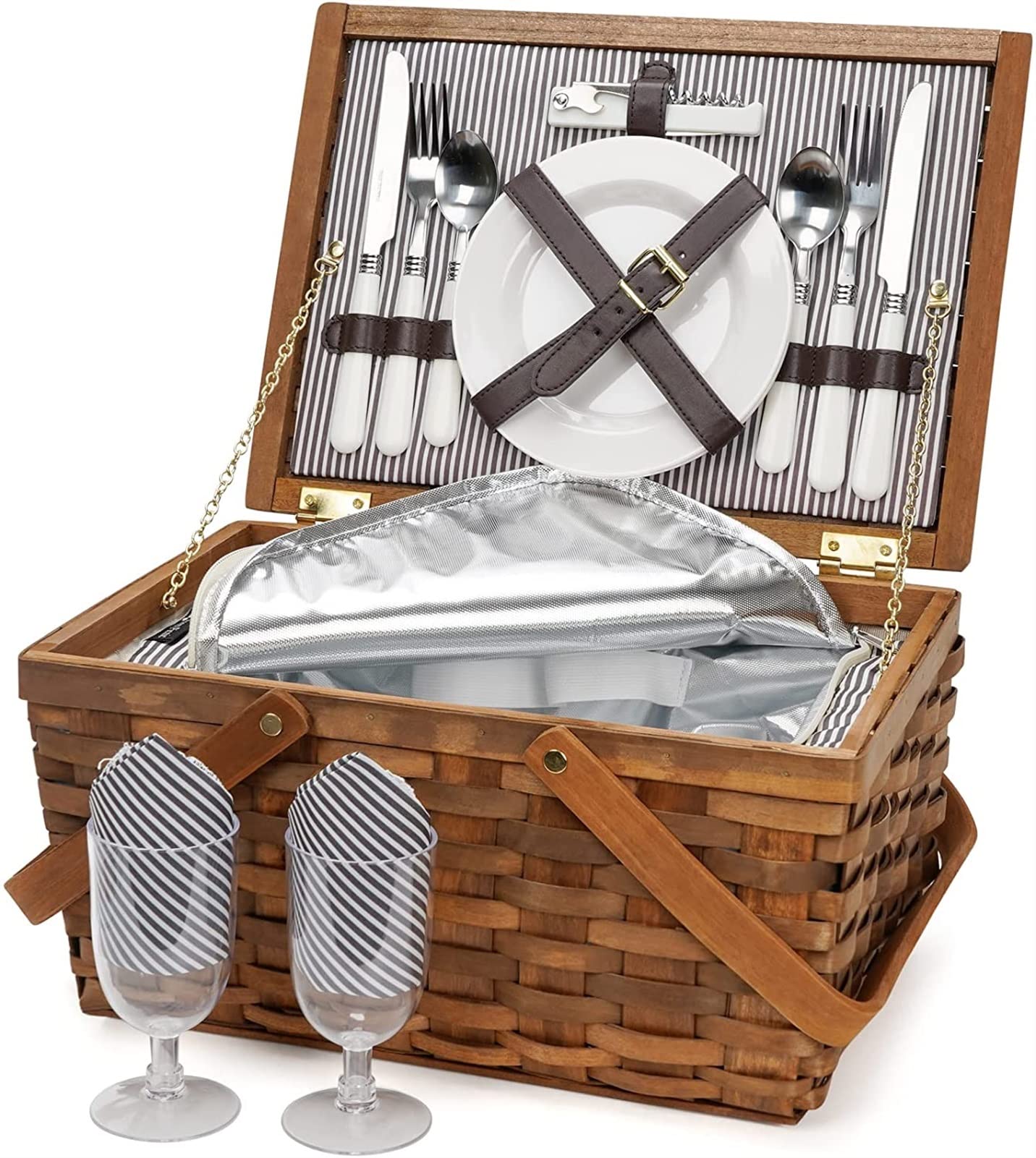 EastMetal Handwoven Wicker Picnic Basket for 2 - Wooden Lid Outdoor Picnic Set with Storage for Garden, Beach, Park & Picnics - Perfect for Easter Eggs, Candy Gifts & Wedding Favors