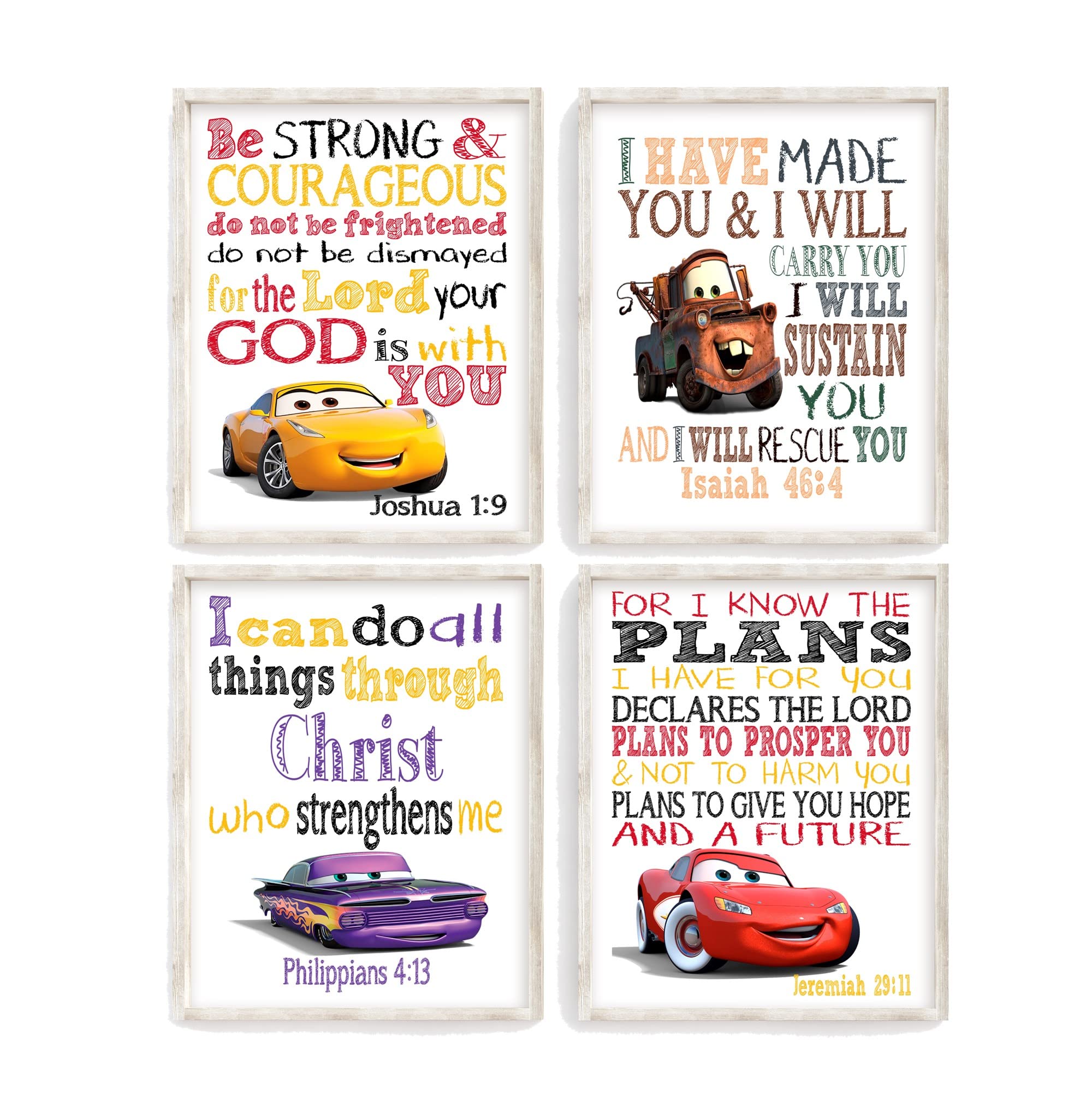 Christian Nursery Decor - Cars 4-Print Set with Bible Verses for Kids' Room