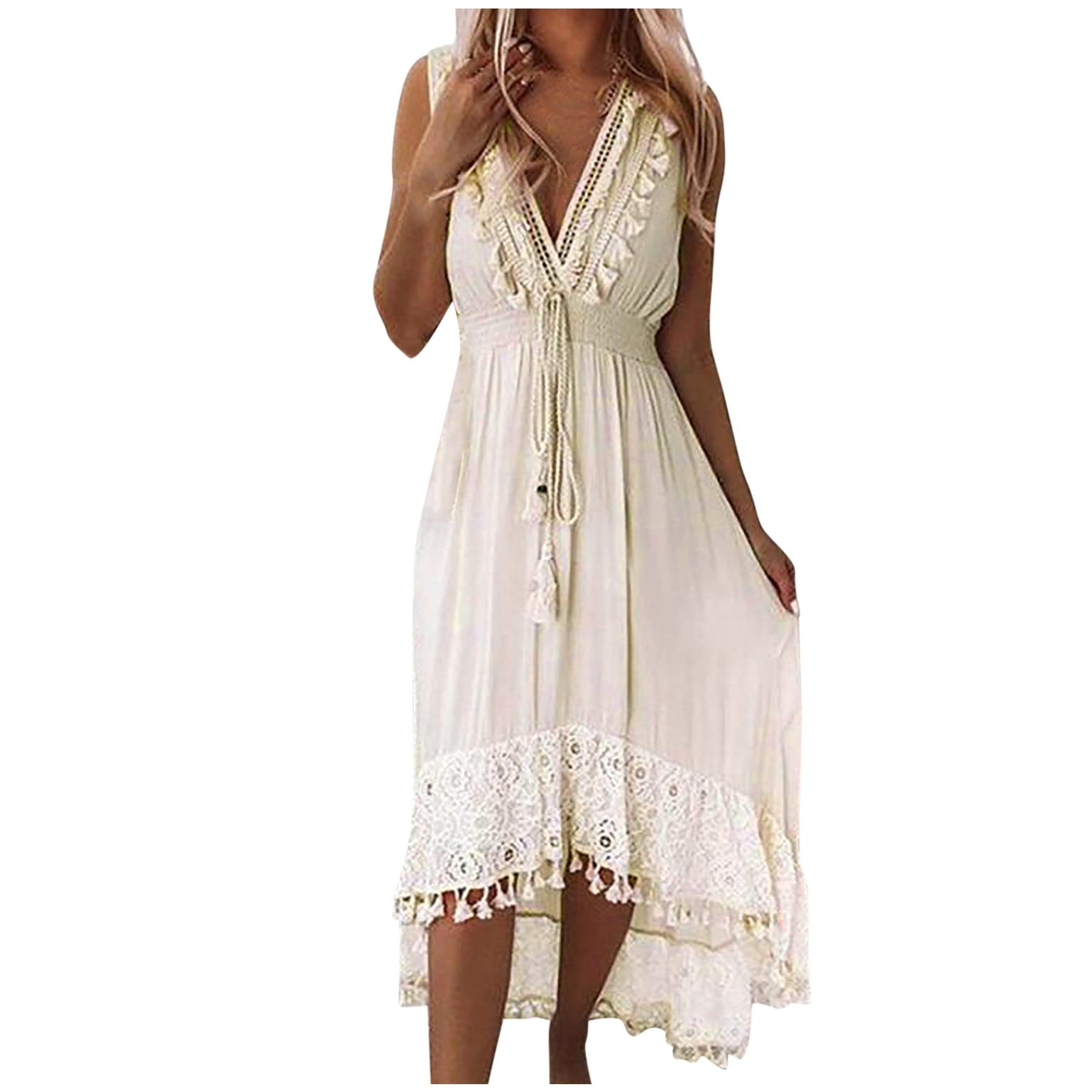 Sexy V-Neck Sleeveless Summer Maxi Dress for Women - Flowy Tassel Lace Wedding Guest Dress, Ankle-Length Casual Beach Dress for Parties, Vacations & Date Nights