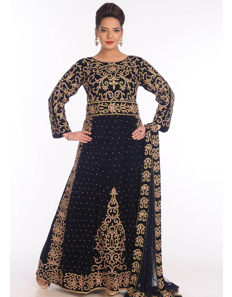 Elegant Black Georgette Hand Embroidered Kaftan Dress for Women - Perfect for Evening Parties, Weddings & Special Occasions