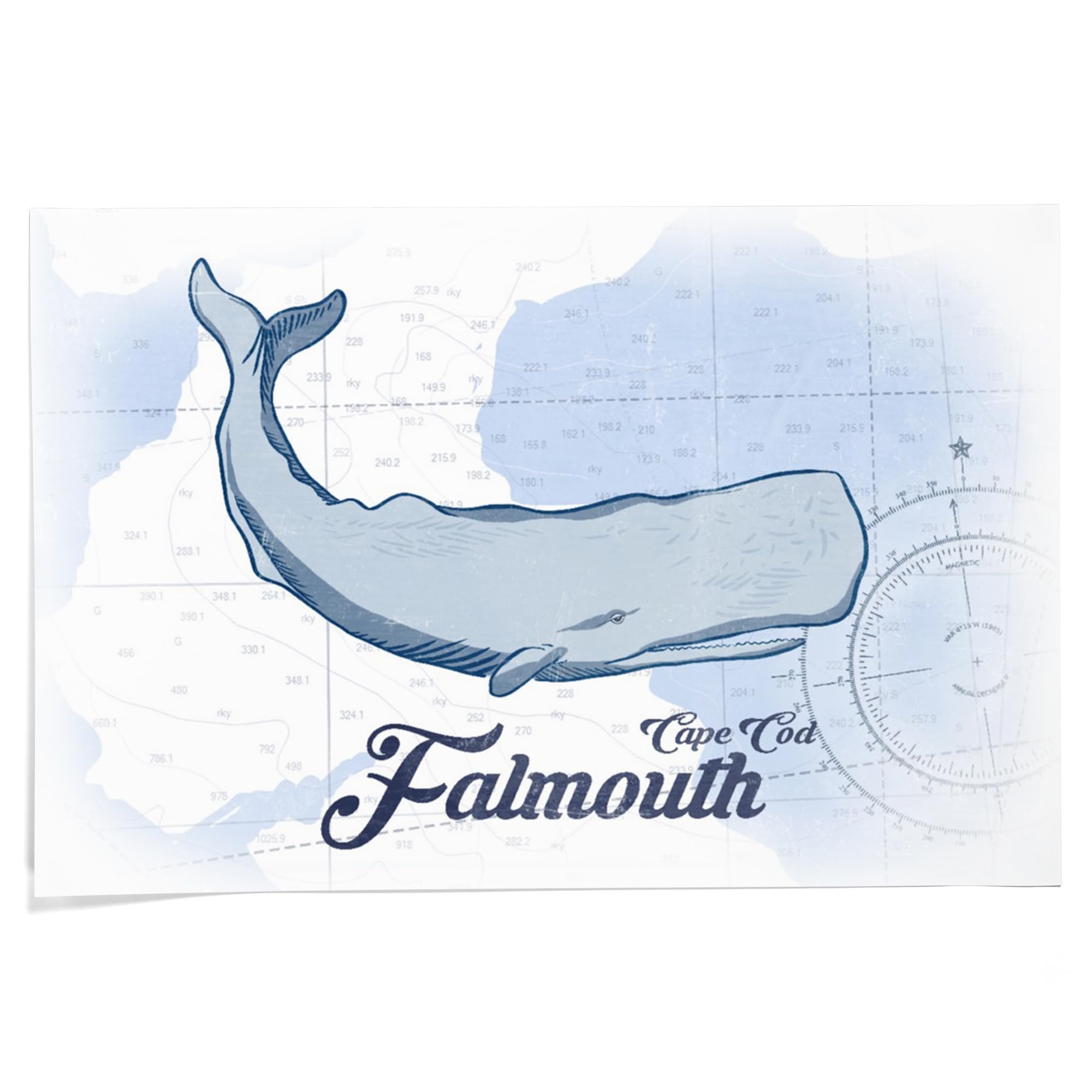 Lantern Press 24x36 Inch Giclee Art Print - Falmouth Cape Cod Massachusetts Coastal Wall Decor with Whale Design in Blue | Perfect for Beach House, Living Room or Office Artwork
