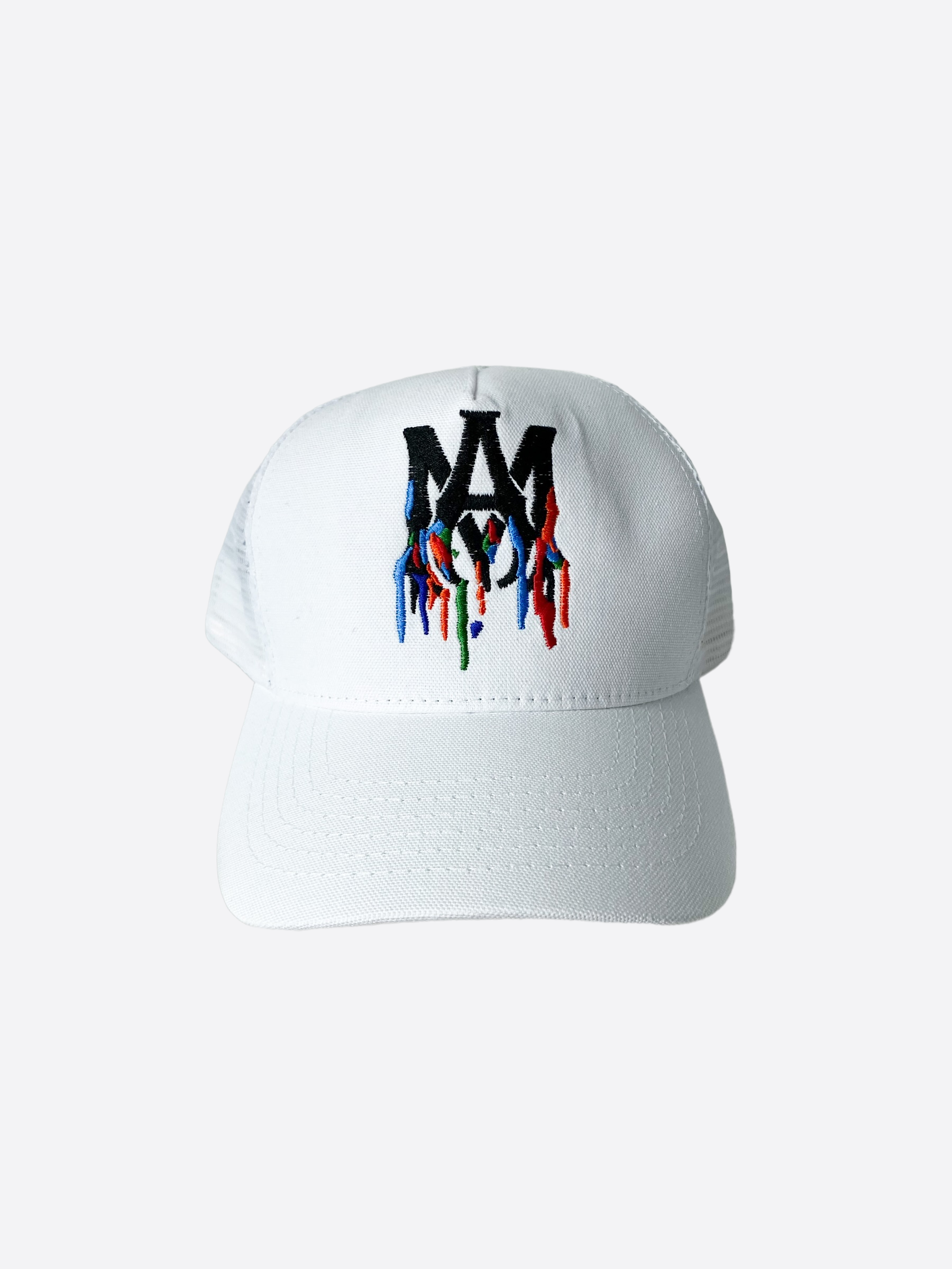Amiri White MA Logo Paint Drip Trucker Hat - Stylish Baseball Cap for Men & Women - Perfect for Streetwear, Casual Outfits & Summer Fashion