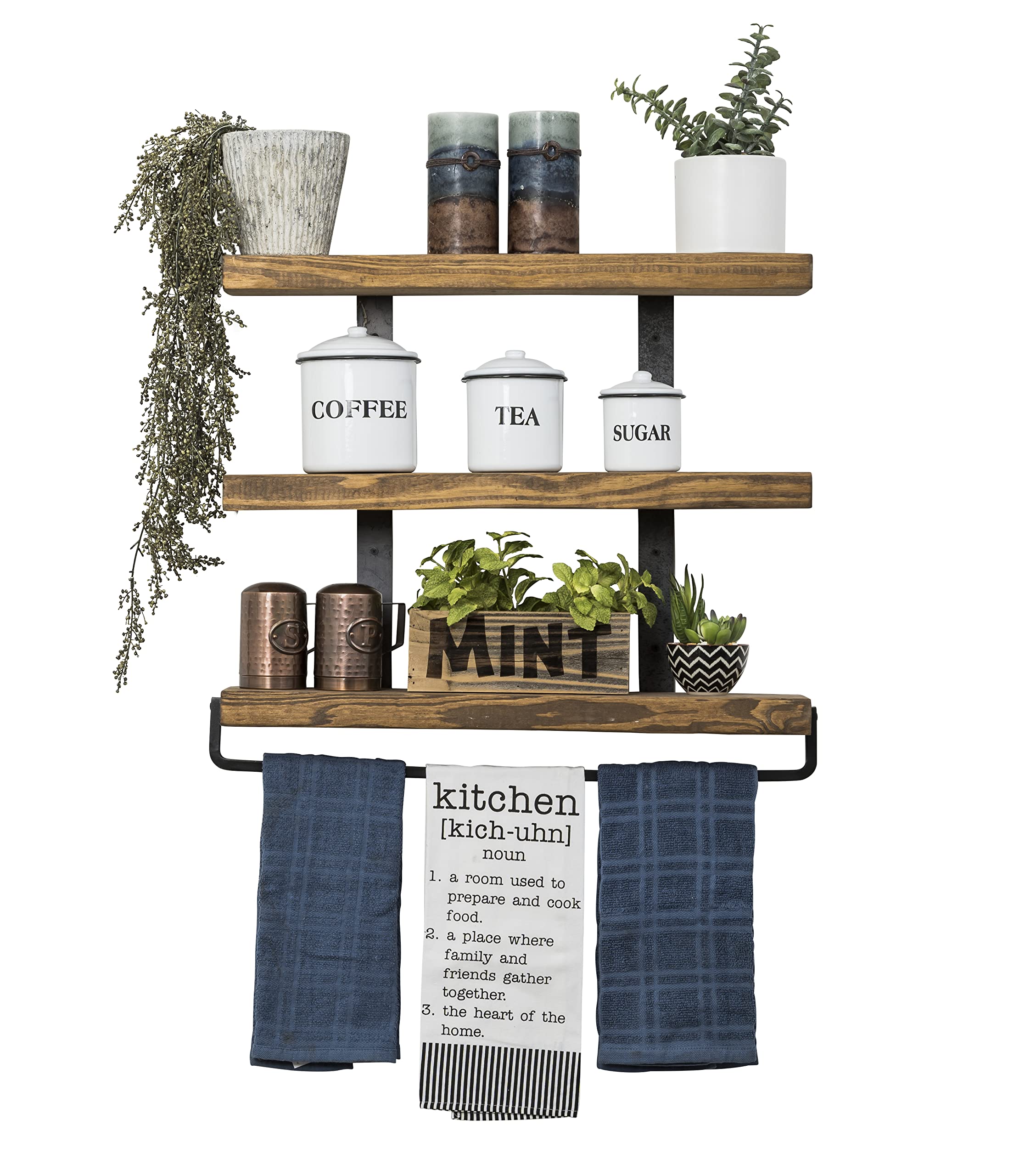 HEIRLOOM Solid Wood 3-Tier Decorative Shelf with Metal Brackets & Towel Bar - Bathroom & Kitchen Storage Organizer (24 Inch, Walnut) - Perfect for Small Spaces, Farmhouse Decor & Hand Towel Display