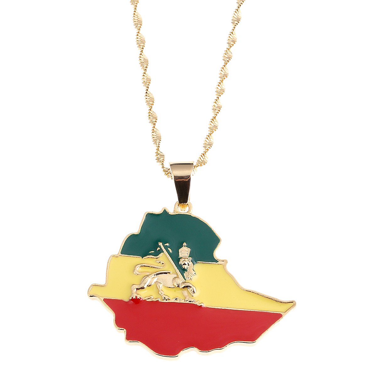 Ethiopian Flag Lion Map Pendant Necklace - Gold Color Chain Jewelry for Men & Women | Perfect for Cultural Pride, Gifts & Fashion Accessories