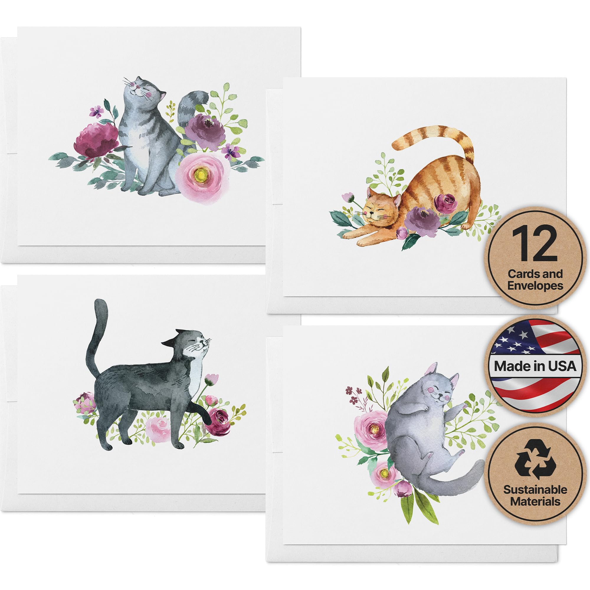 Twigs Paper - 12-Pack Assorted Cat Greeting Cards with Envelopes (5.5x4.25 in) - Blank Note Cards for Thank You, Birthday & All Occasions - USA Made Stationery - Perfect for Cat Lovers, Pet Owners & Handwritten Notes