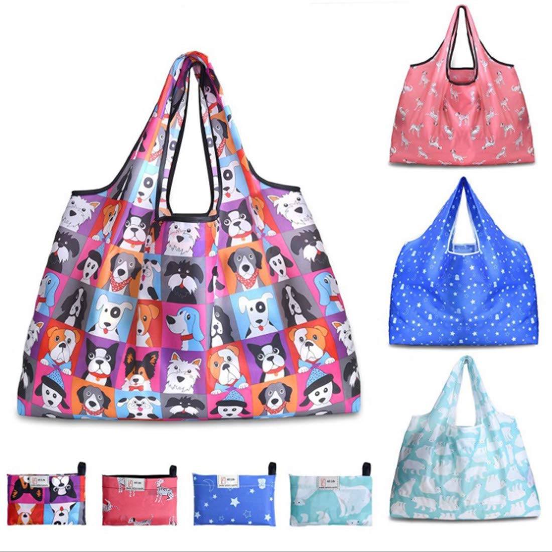 Pack of 4 Reusable Grocery Bags Set - Foldable Shopping Totes with Attached Pouch | Durable Reinforced Polyester | Washable & Lightweight | Perfect for Groceries, Farmers Market & Eco-Friendly Shopping