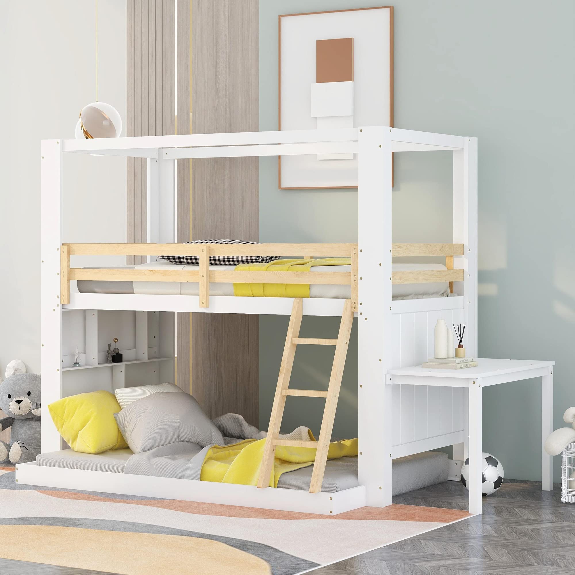 Sturdy Twin Over Full Bunk Bed with Built-in Desk & Storage Shelves - Reinforced Frame for Kids & Teens - White & Natural Wood Finish - Perfect for Small Bedrooms, Dorm Rooms & Shared Kids' Spaces