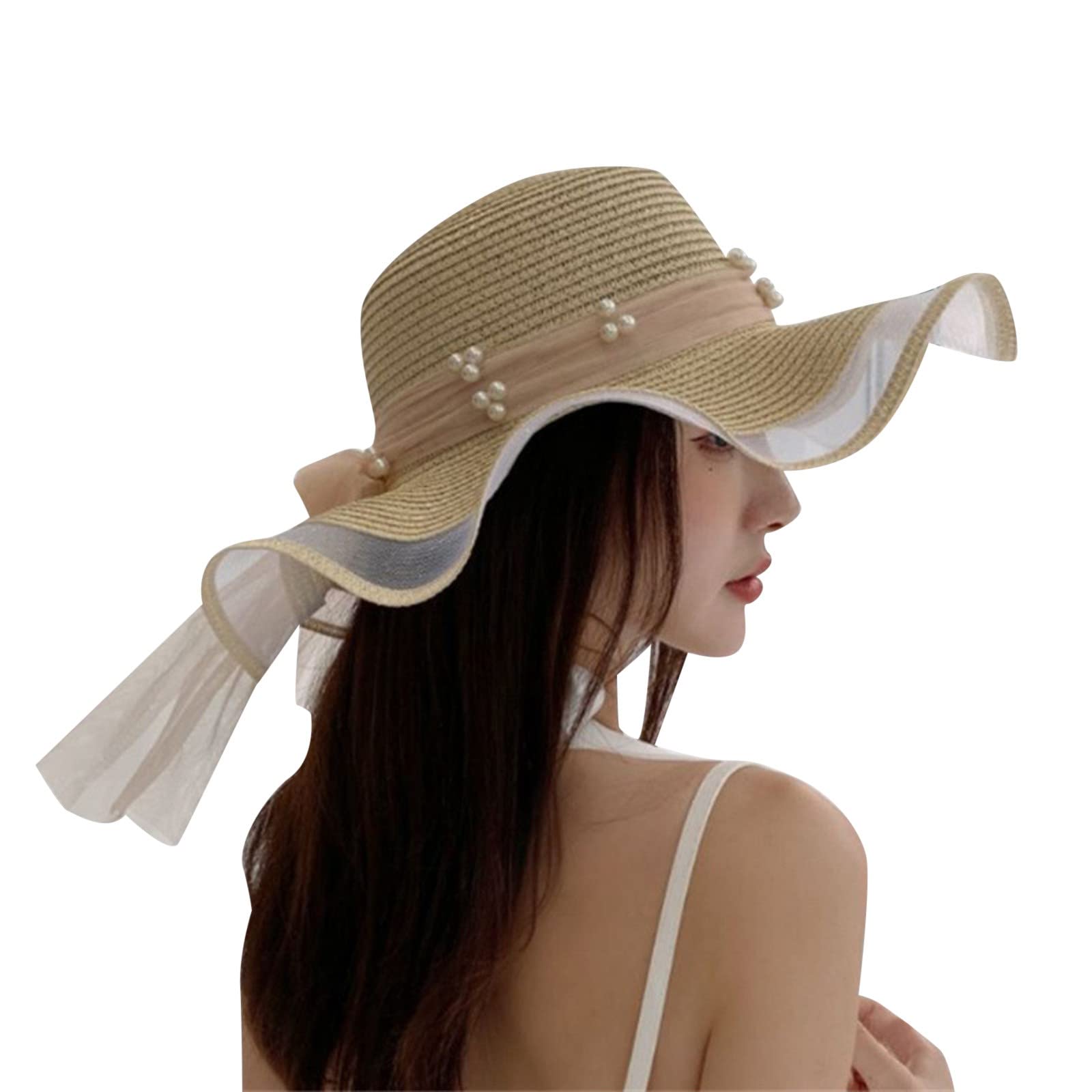 Women's Summer Sun Hat with Mesh Wave & Pearl Ribbon - Cotton Sun Protection Hat for Ladies, Girls & Toddlers - Perfect for Beach, Outdoor Activities & Fashion Accessories