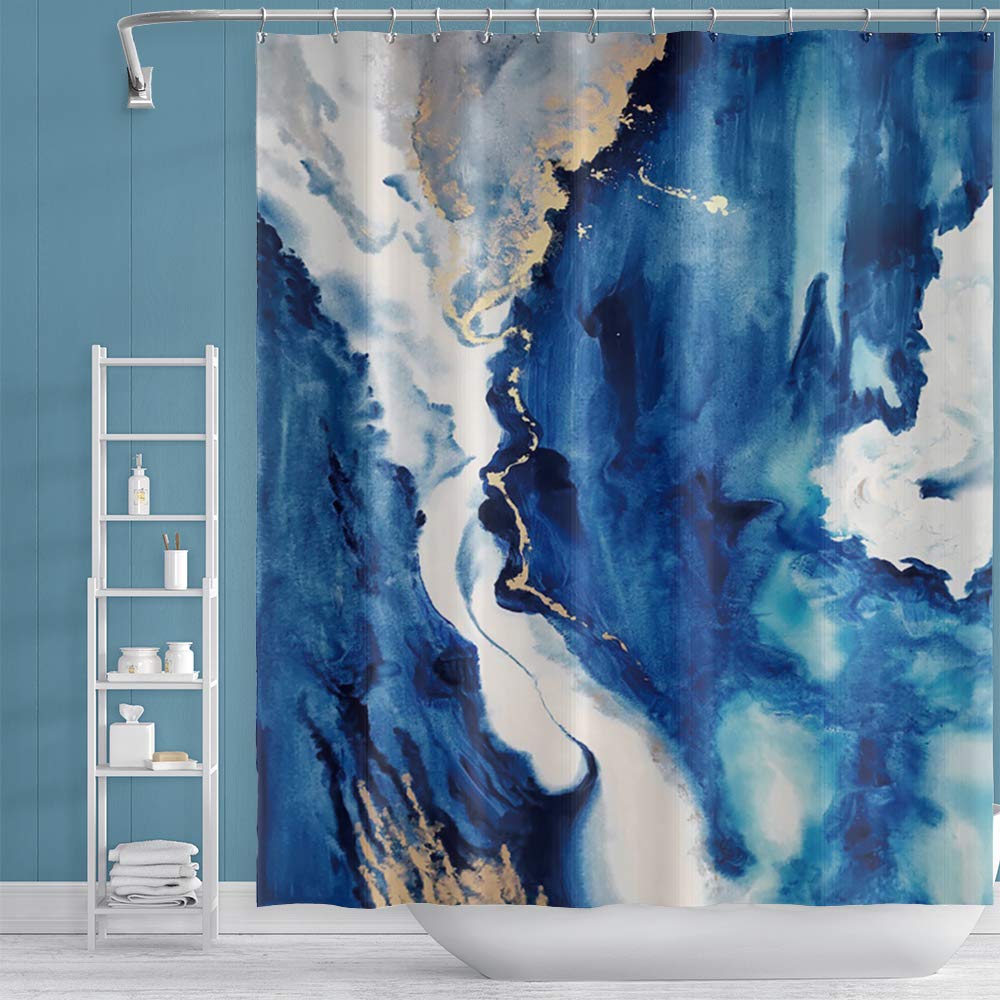 OERJU 72x78 Inch Blue Marble Abstract Art Shower Curtain - Watercolor Bathroom Curtain with Hooks, Polyester Fabric, Classic Fluid Painting Design - Perfect for Modern Bathrooms, Guest Baths & Spa-Like Showers