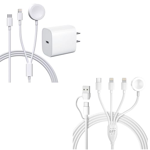 4-in-1 Magnetic Apple Watch Charger with 20W USB-C Power Adapter - Fast Charging Cable Compatible with Apple Watch Series SE/8/7/6/5/4/3/2/1 & iPhone 14/13/12 - Perfect for Travel, Office and Nightstand Charging