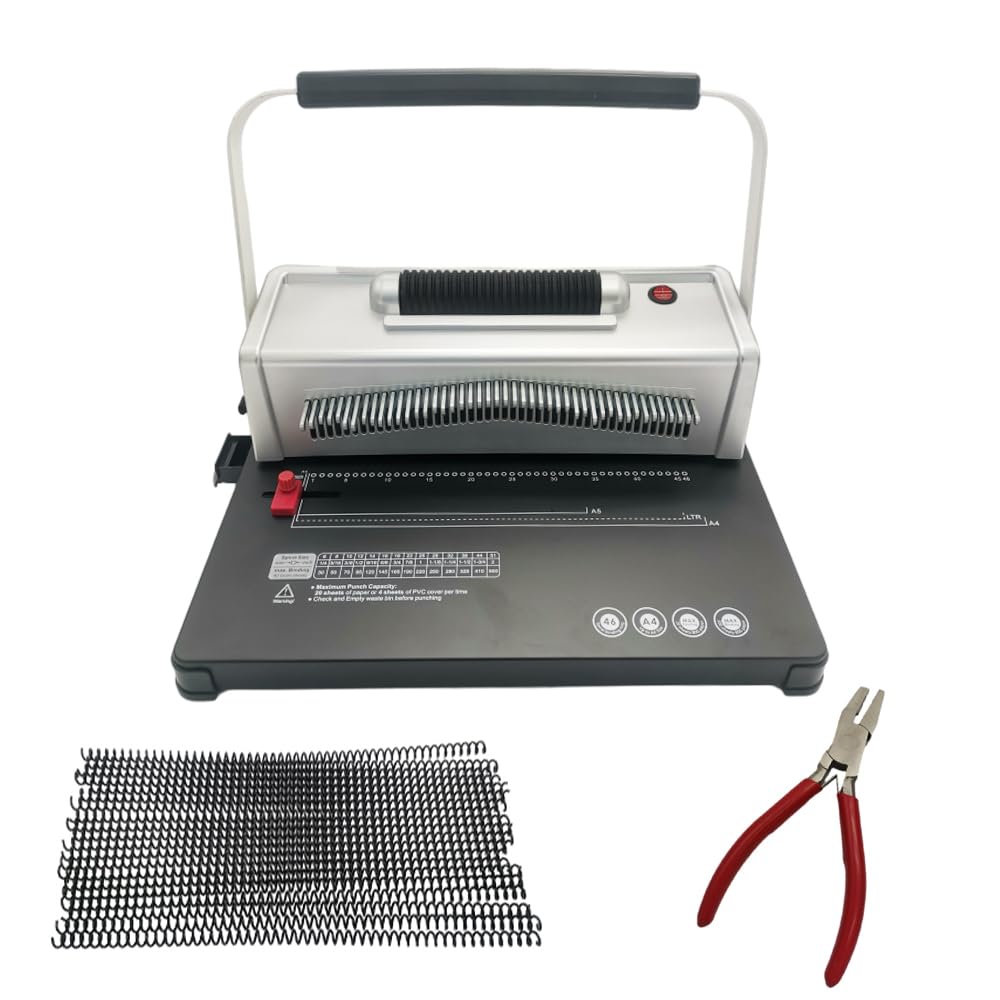 Electric Spiral Binding Machine with 46 Holes | Manual Round Hole Punch Book Binder | Adjustable Side Margin | Includes 100pcs Plastic Coils & Pliers | Perfect for Office Documents, School Projects & DIY Book Binding