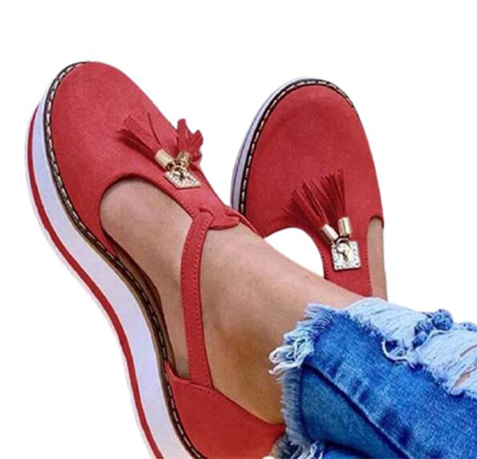 WODETIAN Women's Summer Wedge Sandals - Tassel Round Toe Hollow Out T-Strap Platform Leather Sandals with Buckle Ankle Strap | Casual Beach Sneakers for Vacation, Walking & Outdoor Activities