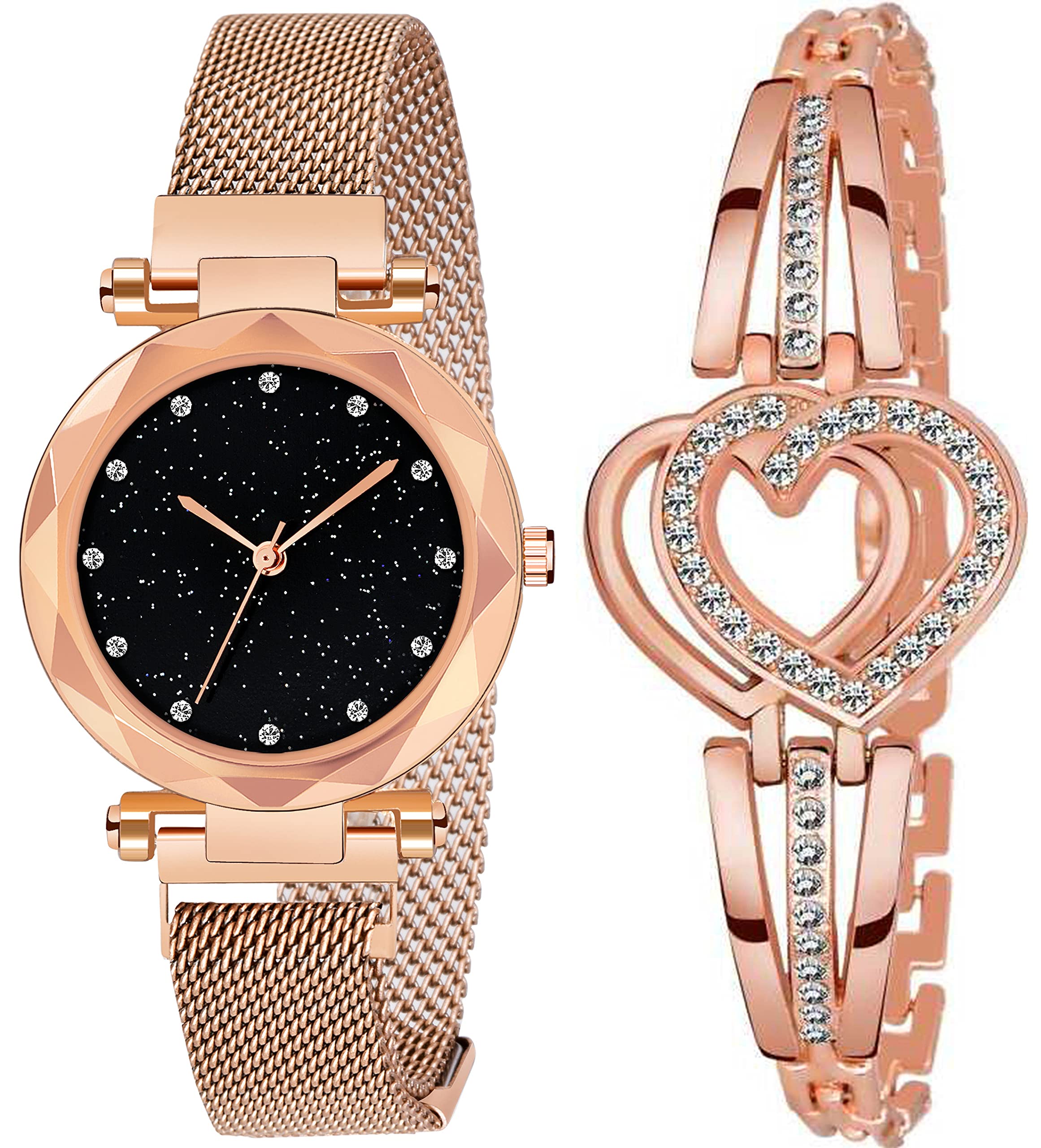 Elegant Analogue Diamond Black Dial Magnetic Women's Watch with Gift Bracelet - Stylish Casual Watch for Women & Girls (2-Piece Combo) | Perfect for Office, Party & Everyday Wear