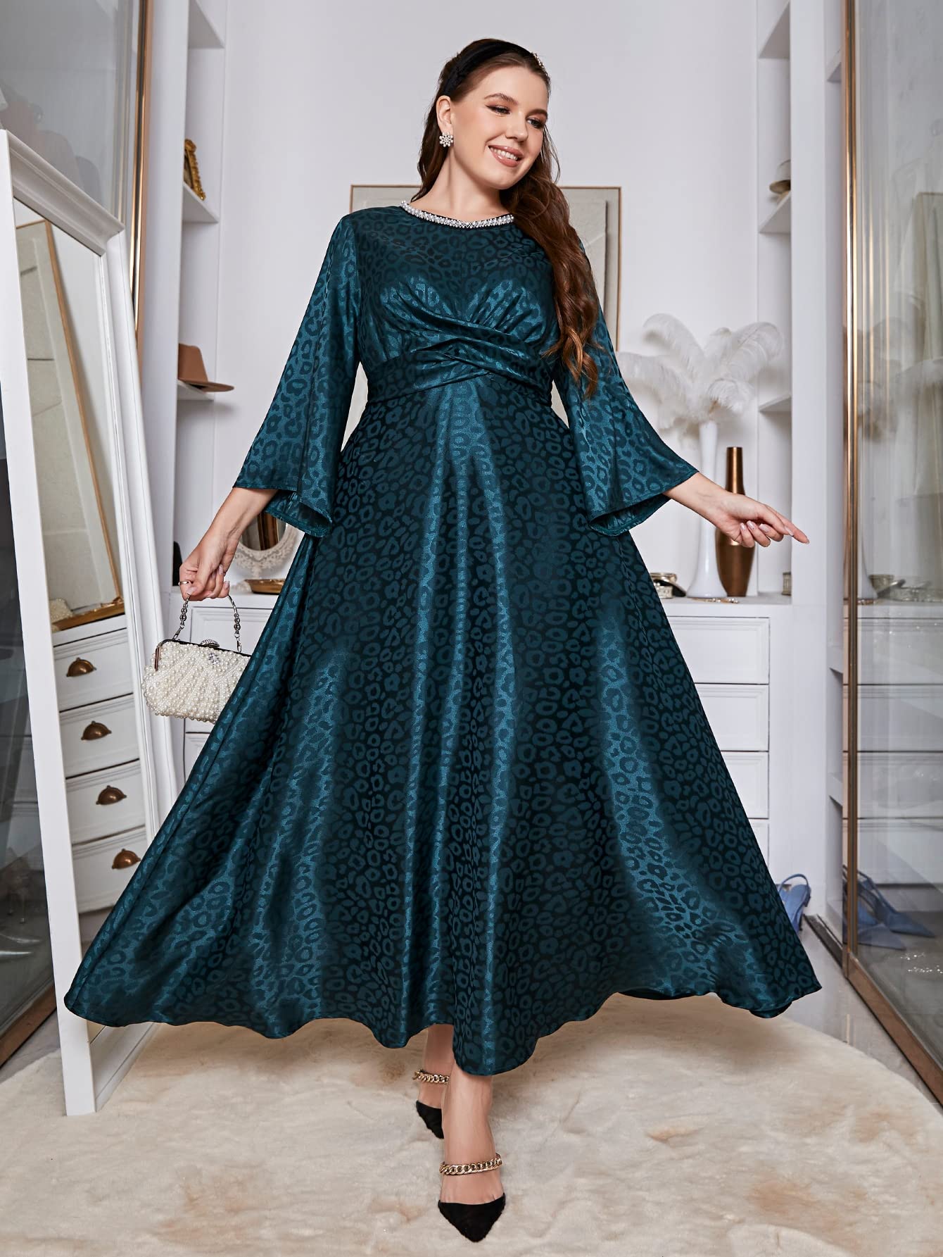 HUFFA Women's Plus Size Floral & Leopard Jacquard Long Sleeve Maxi Dress - Dark Green 4X-Large for Casual Wear, Parties & Special Occasions