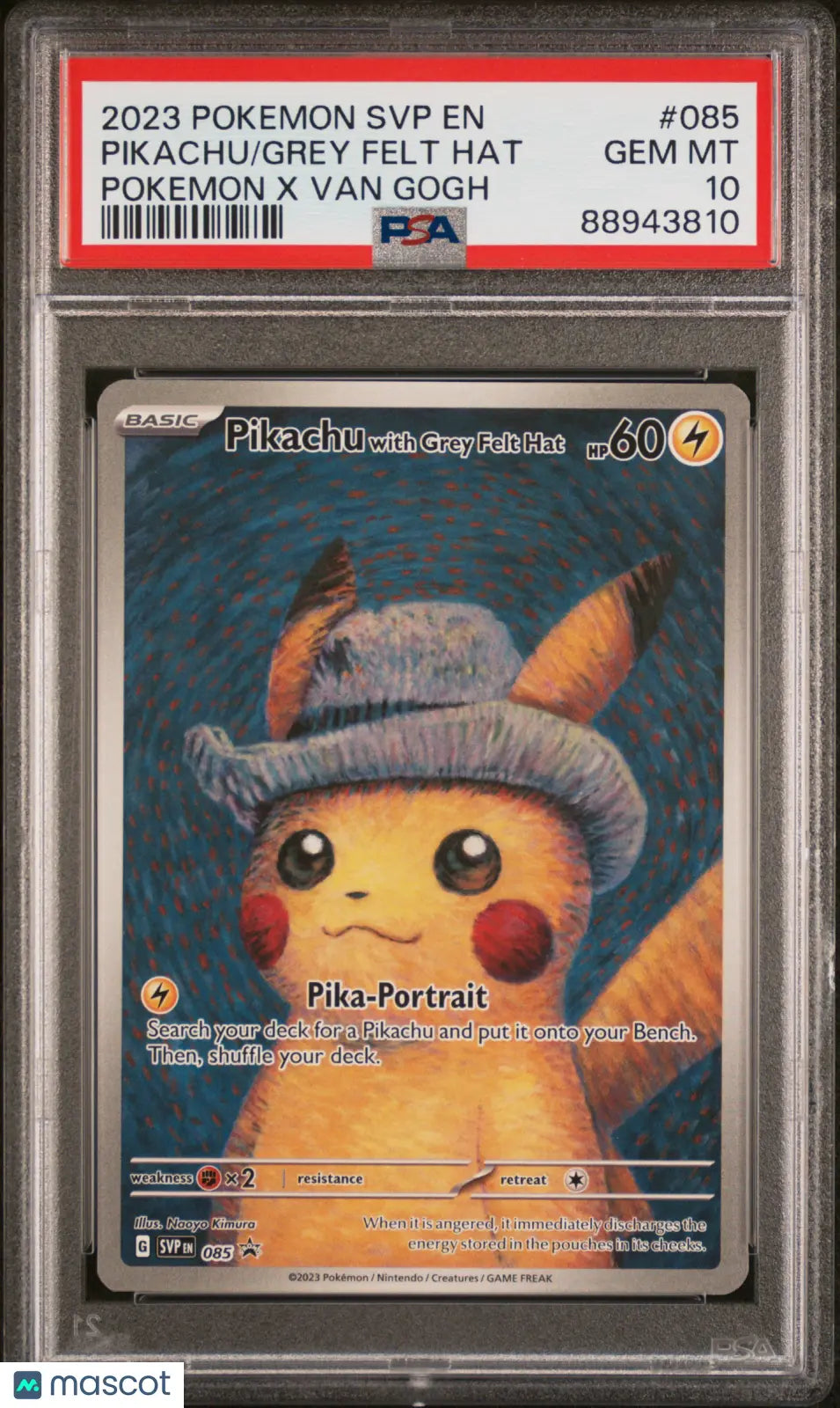 2023 Pokémon Grey Felt Hat Pikachu #085 Pokemon X Van Gogh PSA 10 Graded Card - Rare Collectible for Pokemon Fans & Card Game Enthusiasts - Perfect for Display, Trading & Investment