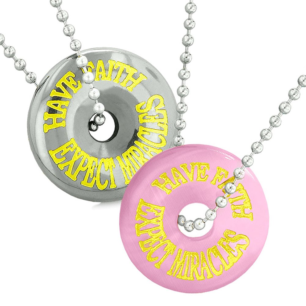 Best Amulets Necklace for Couples - Lucky Donut Pink Simulated Cat's Eye Hematite Pendant - Faith, Love & Miracles Charm for Romantic Gifts & Spiritual Protection