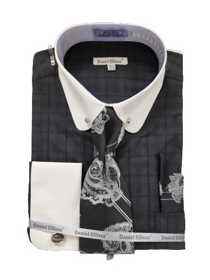 DANIEL ELLISSA JQD Men's Round Collar & Cuff Set with Collar Bar - DS3830P2 Black | Formal Business Attire & Wedding Accessories