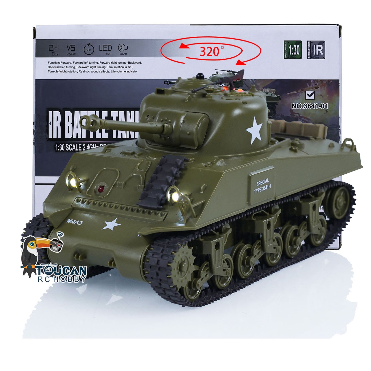 1/30 Heng Long Plastic RC Battle Tank Sherman M4A3 3841-01 2.4G Remote Control Military Vehicle - Painted & Assembled - WWII Tank Model for Collectors & Battle Simulation Games
