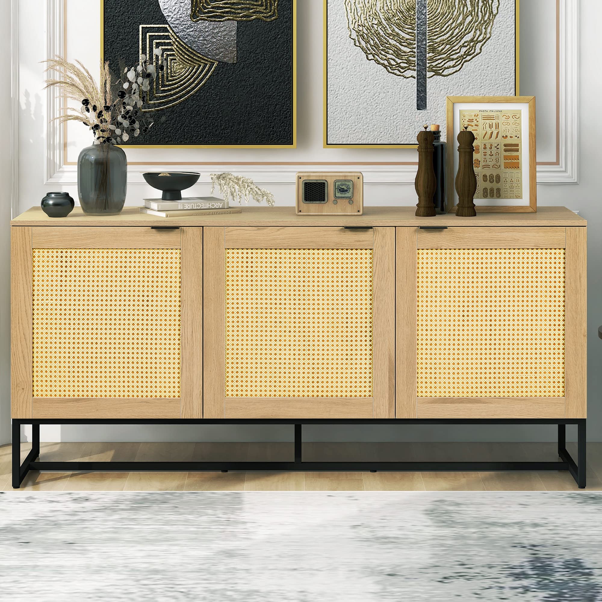 Farmhouse Rattan 3-Door Storage Cabinet - 63