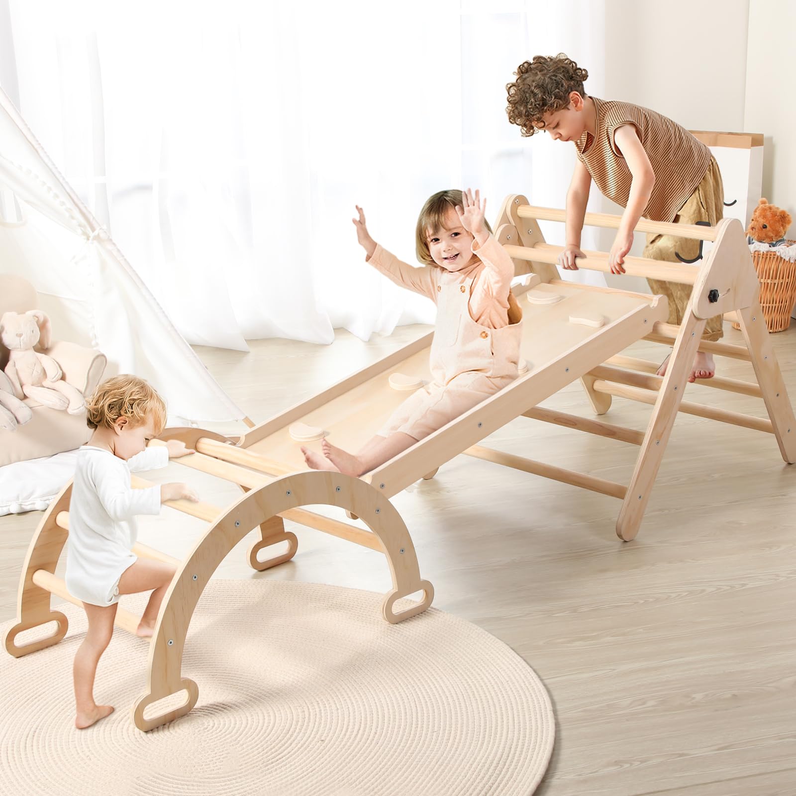5 in 1 Wooden Climbing Toys for Toddlers - Foldable Montessori Climbing Triangle, Arch Climber & Ramp - Indoor/Outdoor Play Gym for Babies & Kids - Perfect Gift for Boys & Girls (Natural Wood) - Great for Playrooms, Backyards & Montessori Learning Activities