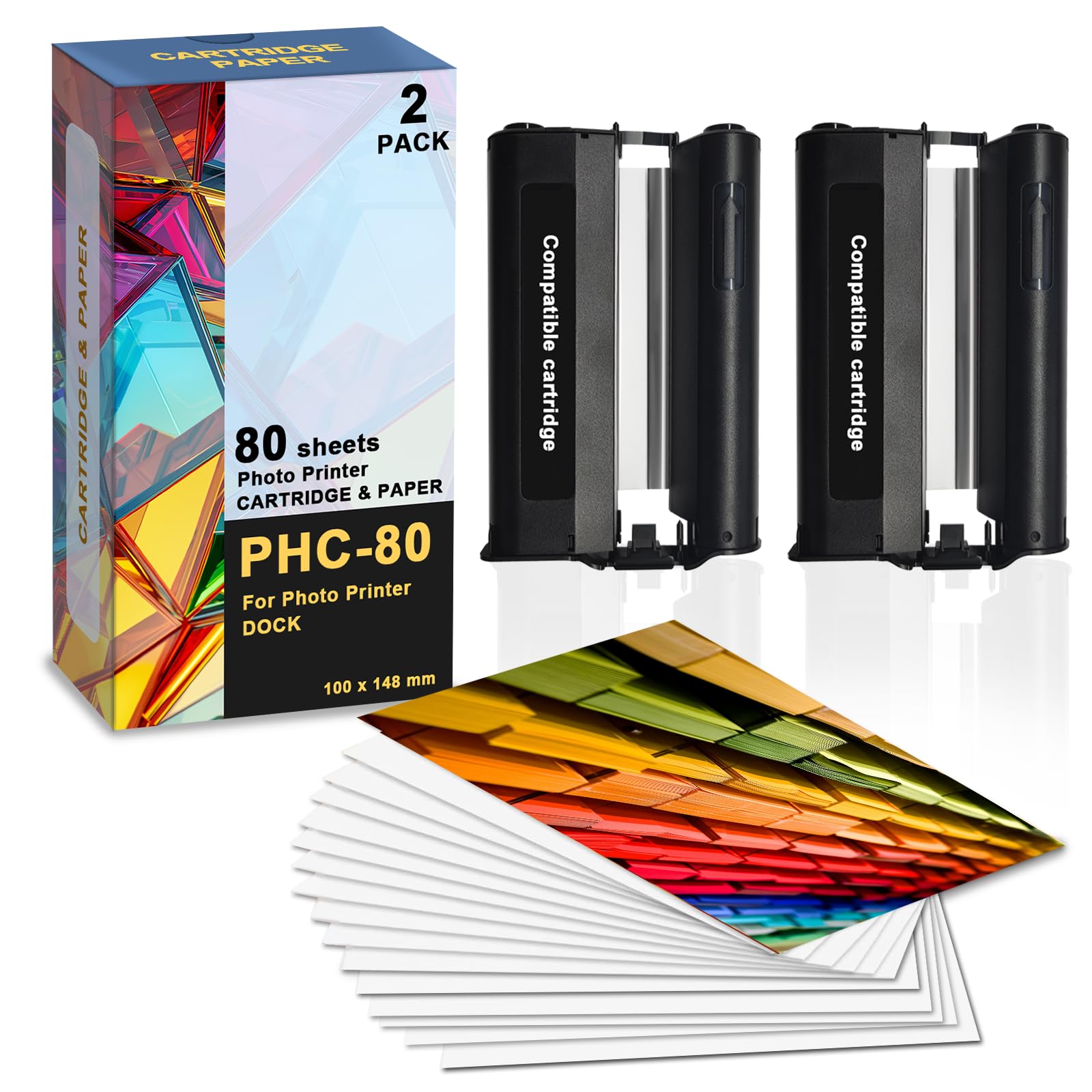Compatible PHC-80 Ink Cartridge Refill & 4x6 Photo Paper - 80 Pack Replacement for PD460 Photo Printer | Perfect for Home Photo Printing, Scrapbooking & DIY Projects