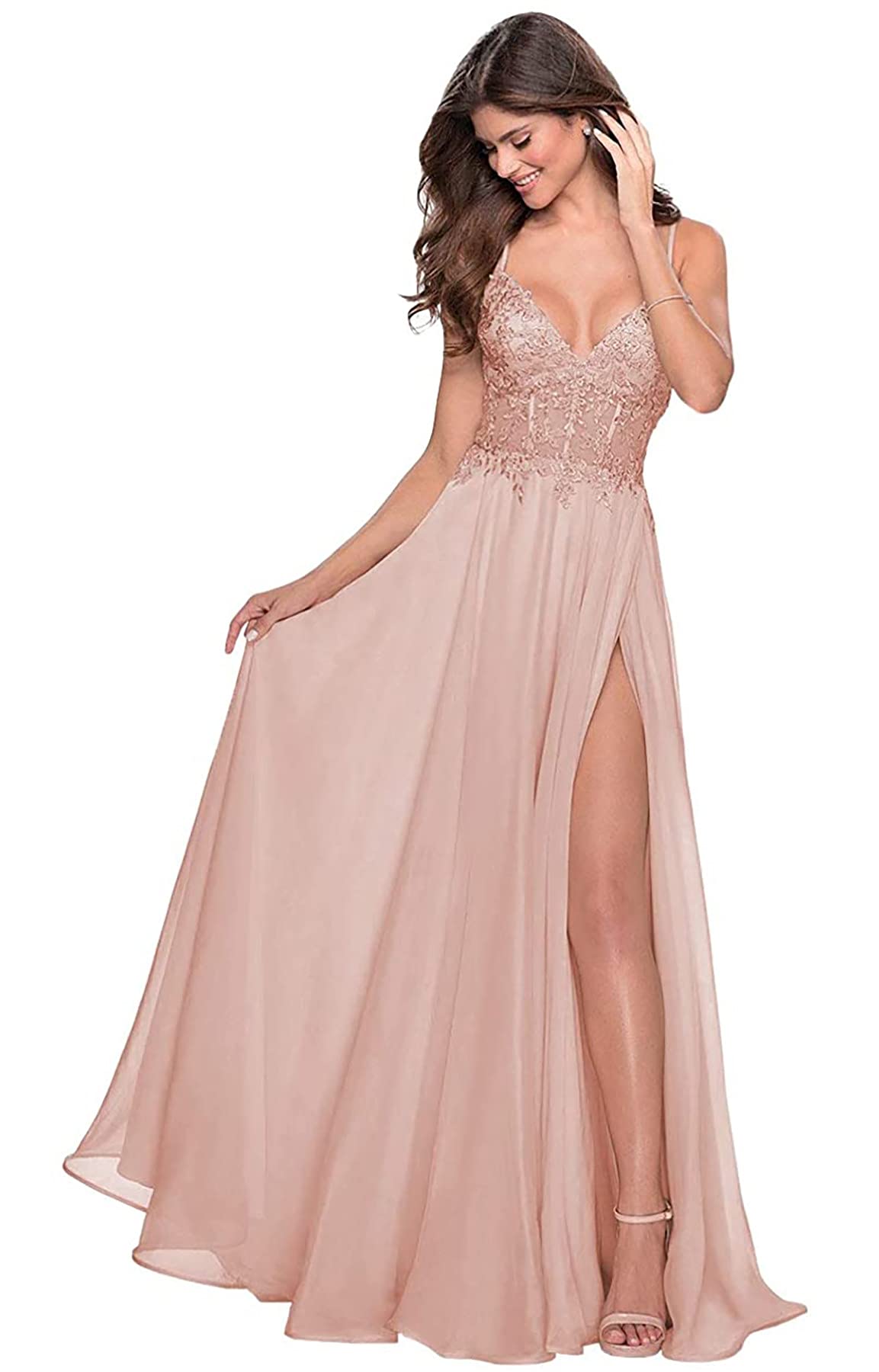 Elegant Long Prom Dresses for Women with High Slit - A-Line Formal Evening Gowns, Lace V-Neck Wedding Party & Bridesmaid Dresses - Perfect for Homecoming, Galas & Special Occasions