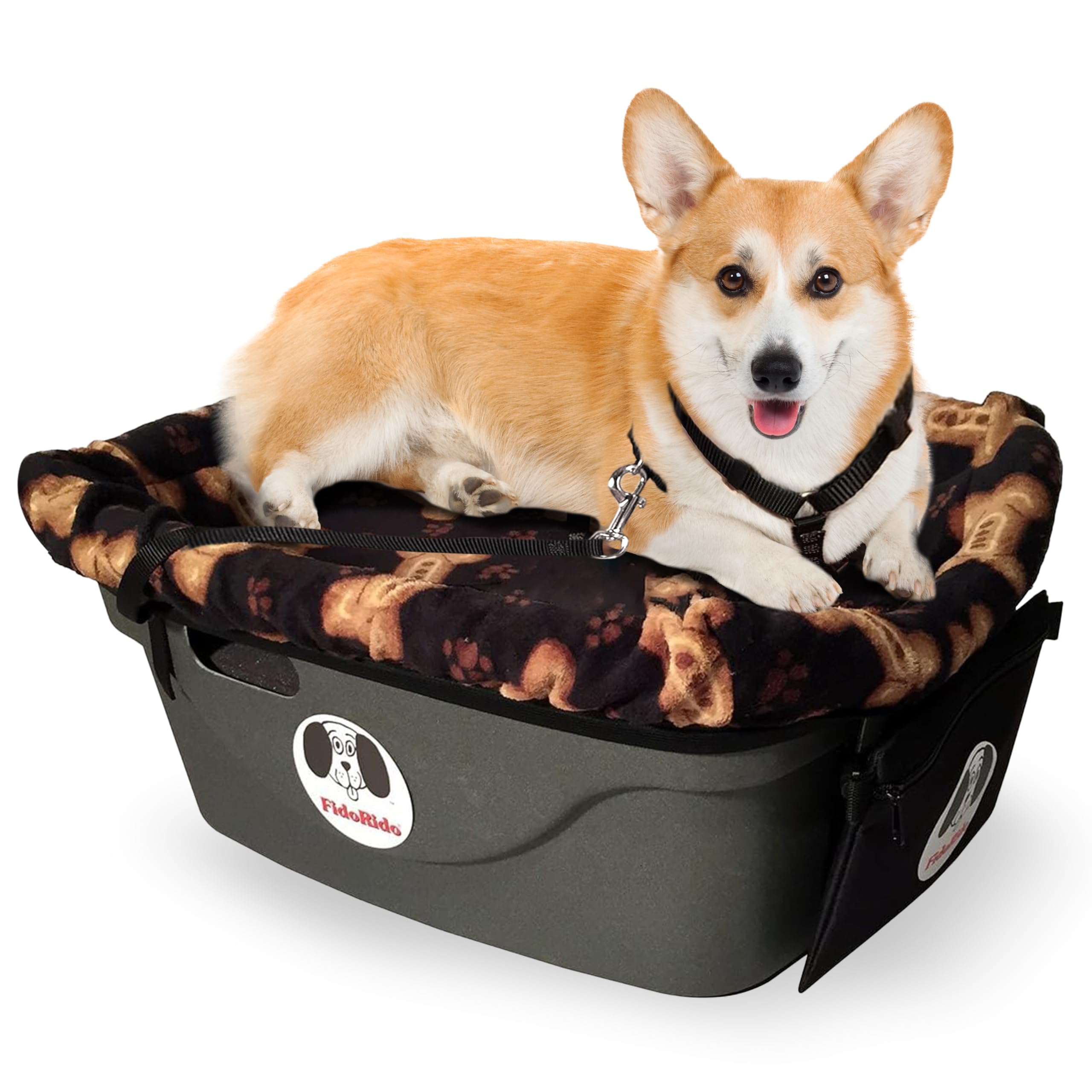 Dog Car Seat for Small to Large Dogs - Pet Booster Seat with Comfortable Cushions, Sherpa Cover & Safety Straps | Easy to Install Travel Accessory | Perfect for Road Trips, Vet Visits & Daily Commutes | Medium Harness in Black with Tan Bones Design