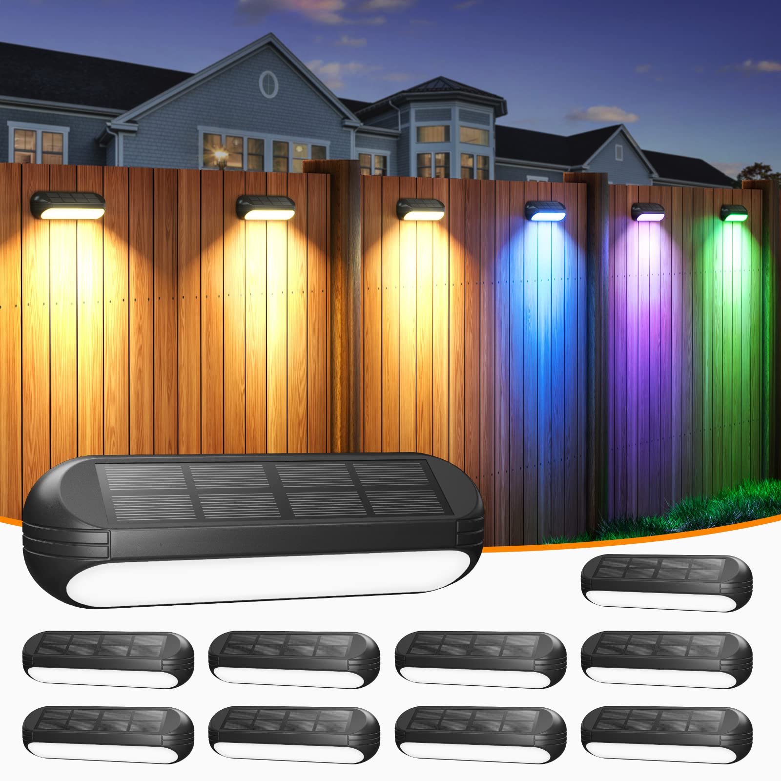 10 Pack Solar Fence Lights Outdoor - Multi-Color Changing & Warm White LED Solar Step Lights, Waterproof Solar Deck Lights for Garden, Stairs, Wall, Pathway (Perfect for Patio, Yard & Landscape Lighting)