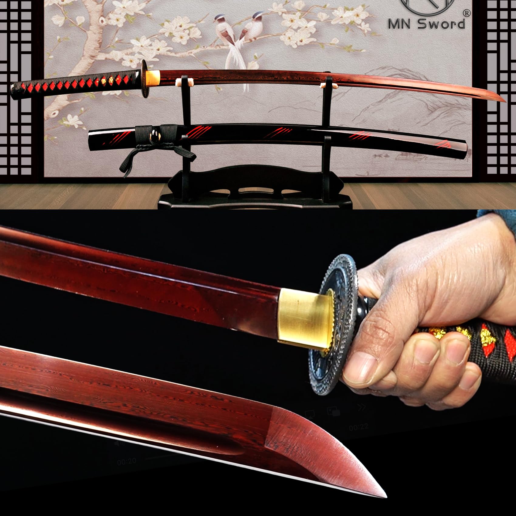 Premium Blood Red Damascus Steel Japanese Samurai Katana Sword with Dragon Tsuba - Handcrafted Folded Steel Blade for Martial Arts Training, Cosplay & Collectors