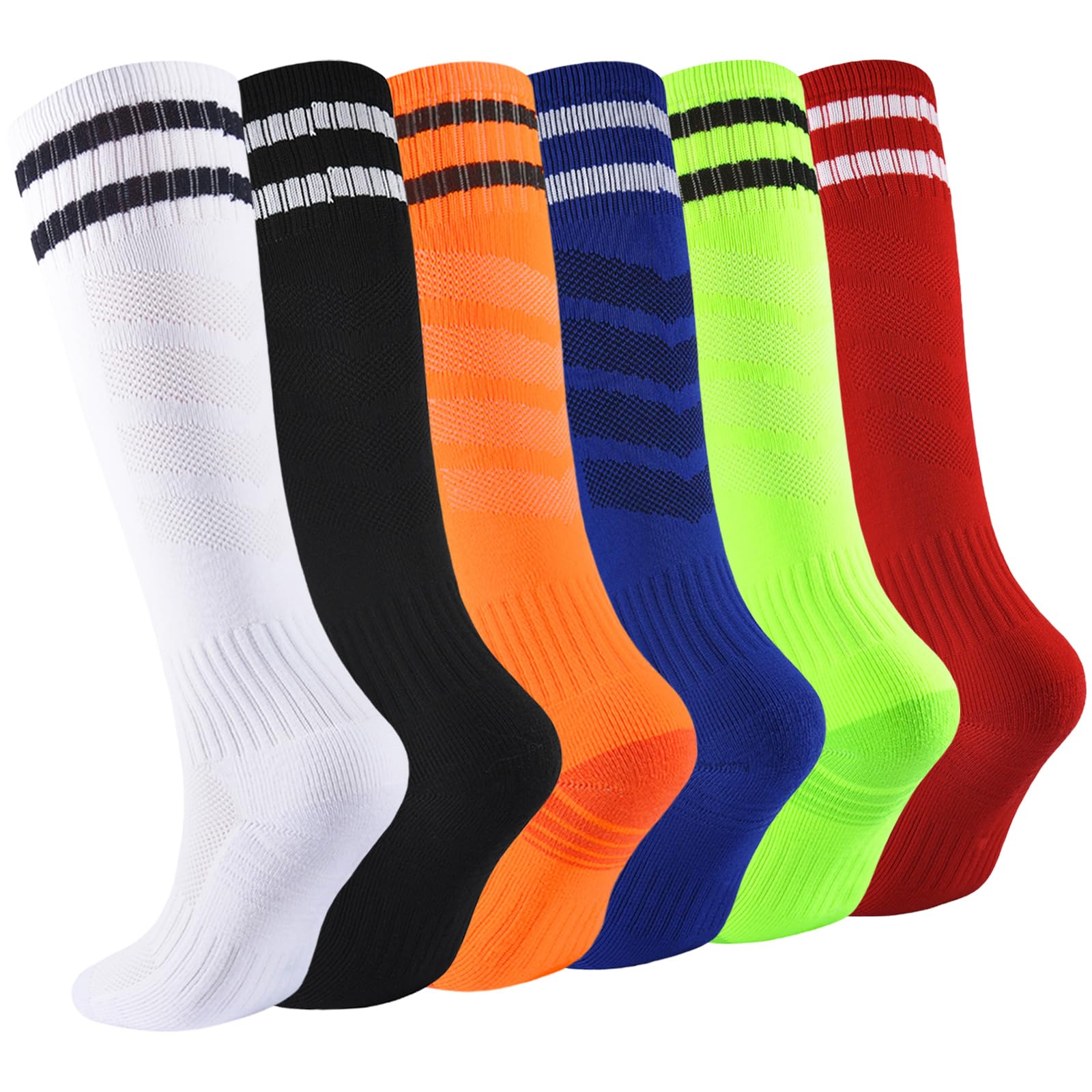 Hakugoo Kids Soccer Socks - 6 Pairs Boys Football & Youth Baseball Socks, Girls Knee High Striped Athletic Socks for Sports, Training & Casual Wear