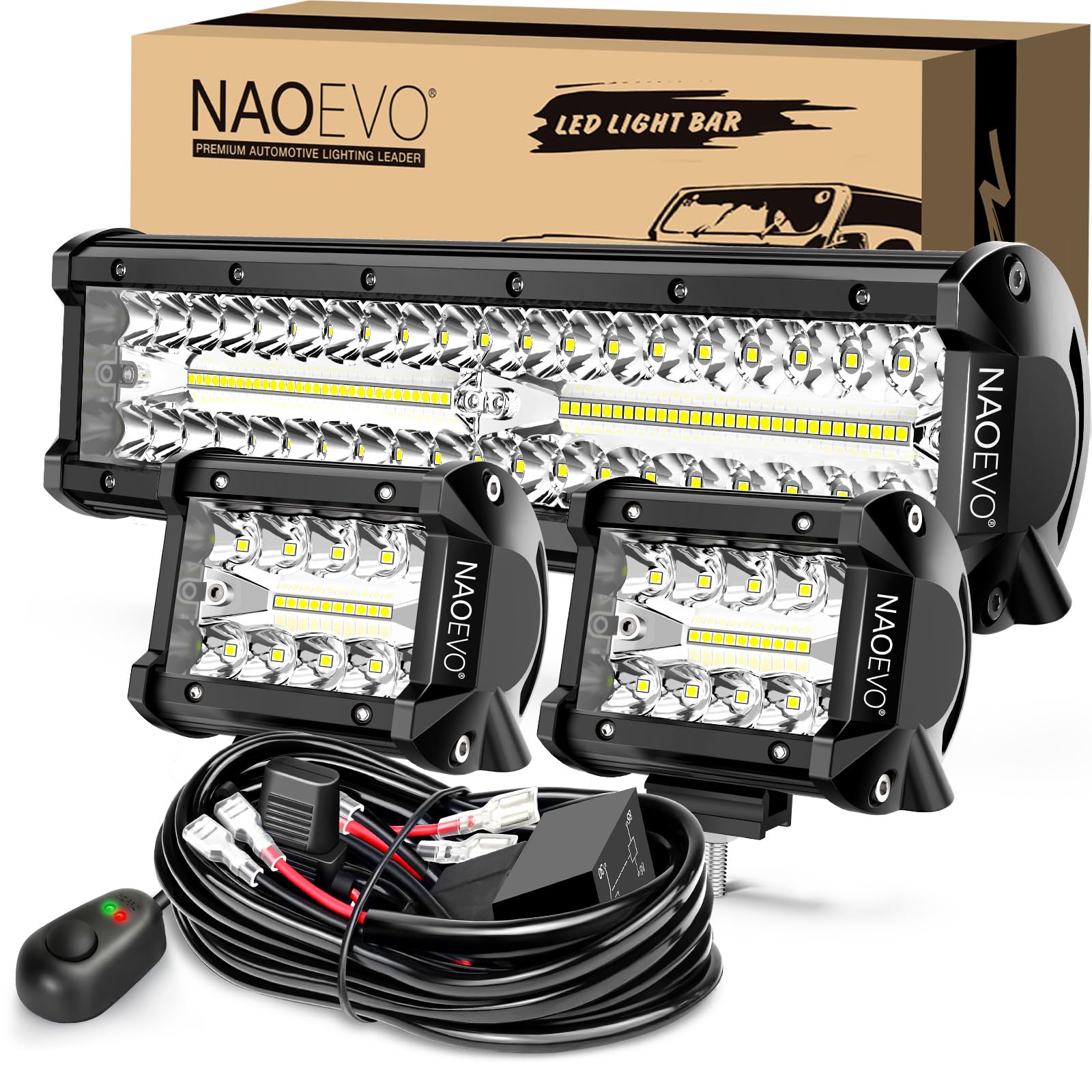 NAOEVO 12Inch LED Light Bar + 2PCS 4Inch LED Pod Lights - 420W 42000LM Off Road Lighting Kit with Wiring Harness - Spot Flood Combo for Trucks, ATVs, Boats - Perfect for Night Driving, Off-Roading & Marine Navigation