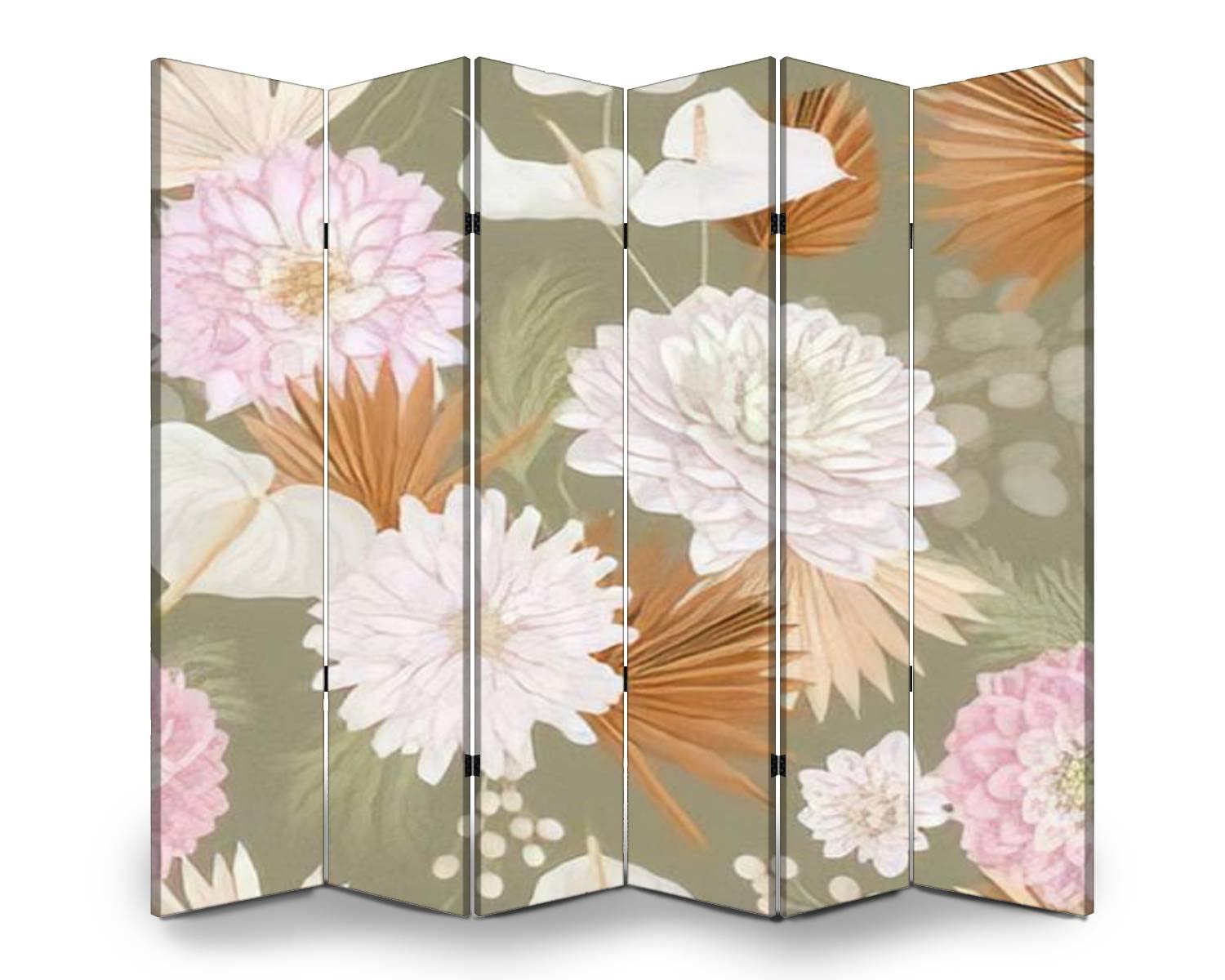 Tropical Dahlia Flower & Palm Leaves Room Divider Screen - Seamless Folding Privacy Partition with Pampas Grass & Lunaria Design for Indoor/Outdoor Use | Freestanding Protective Wall Separator for Home, Office, Patio, and Event Spaces